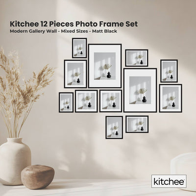 Kitchee 12 Pieces Photo Frame Set - Modern Gallery Wall Pack Matte Black