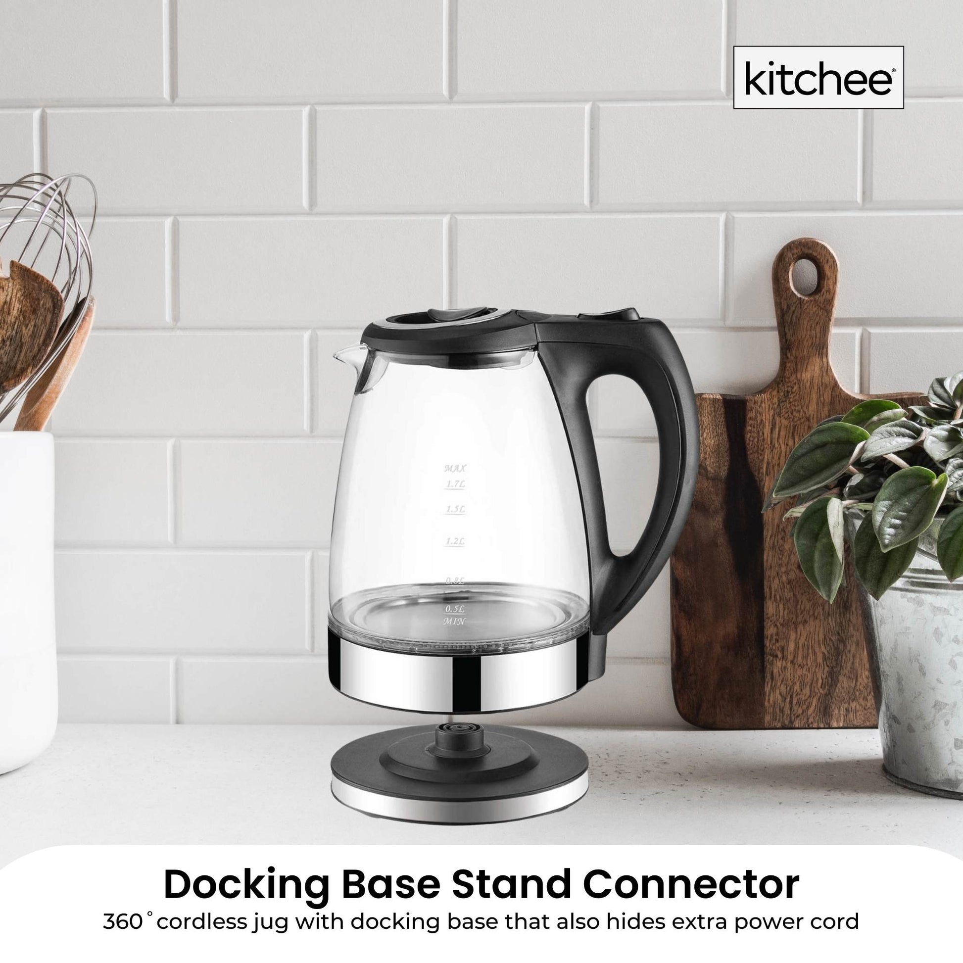 Kitchee 1.7L Glass Electric Kettle LED Light Cordless 360 Water Boiling Jug