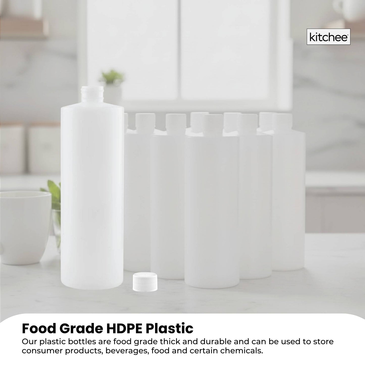 Kitchee 10x 500ml Natural HDPE Round Bottle + 28/410 Caps - Empty Plastic Food Storage