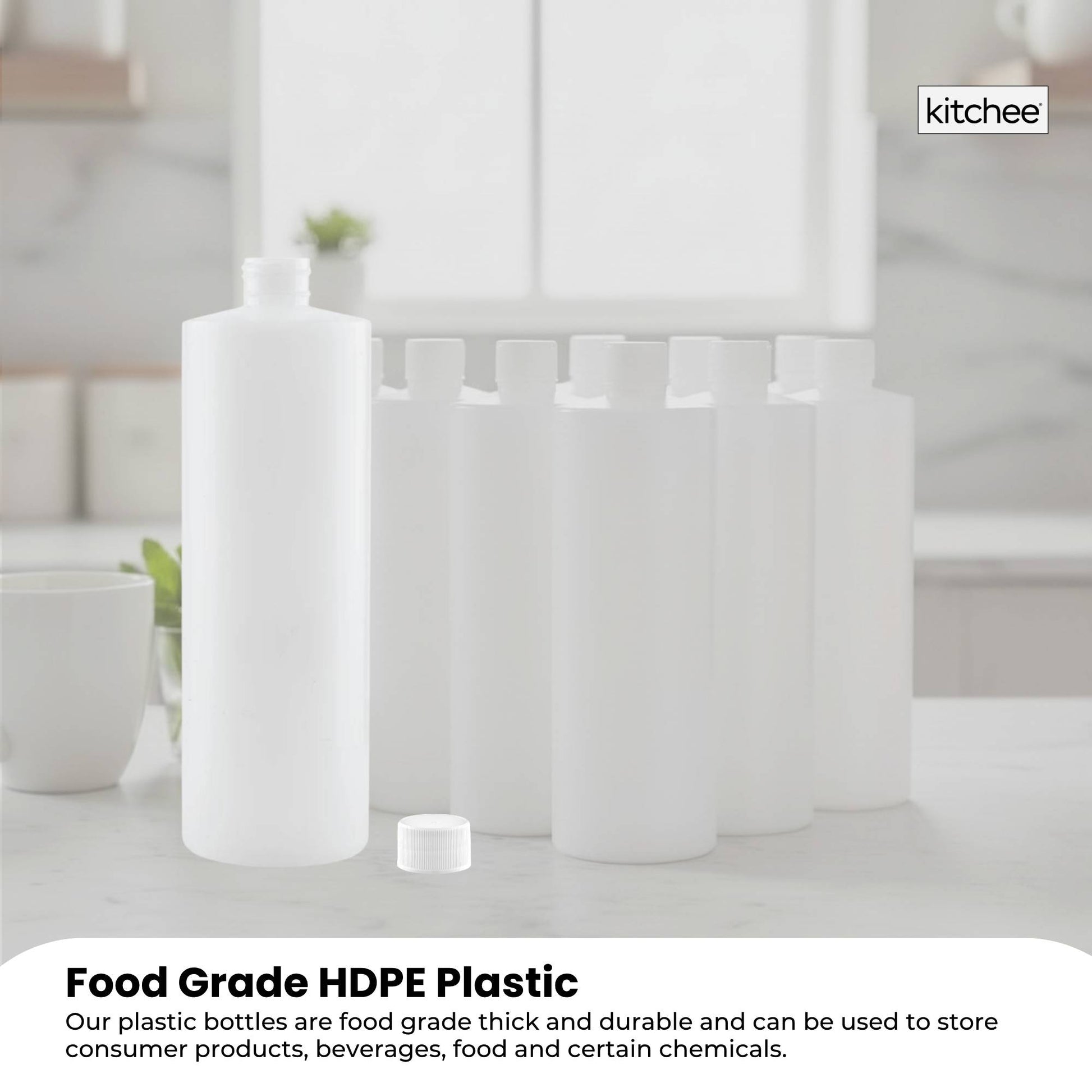 Kitchee 10x 500ml Natural HDPE Round Bottle + 28/410 Caps - Empty Plastic Food Storage