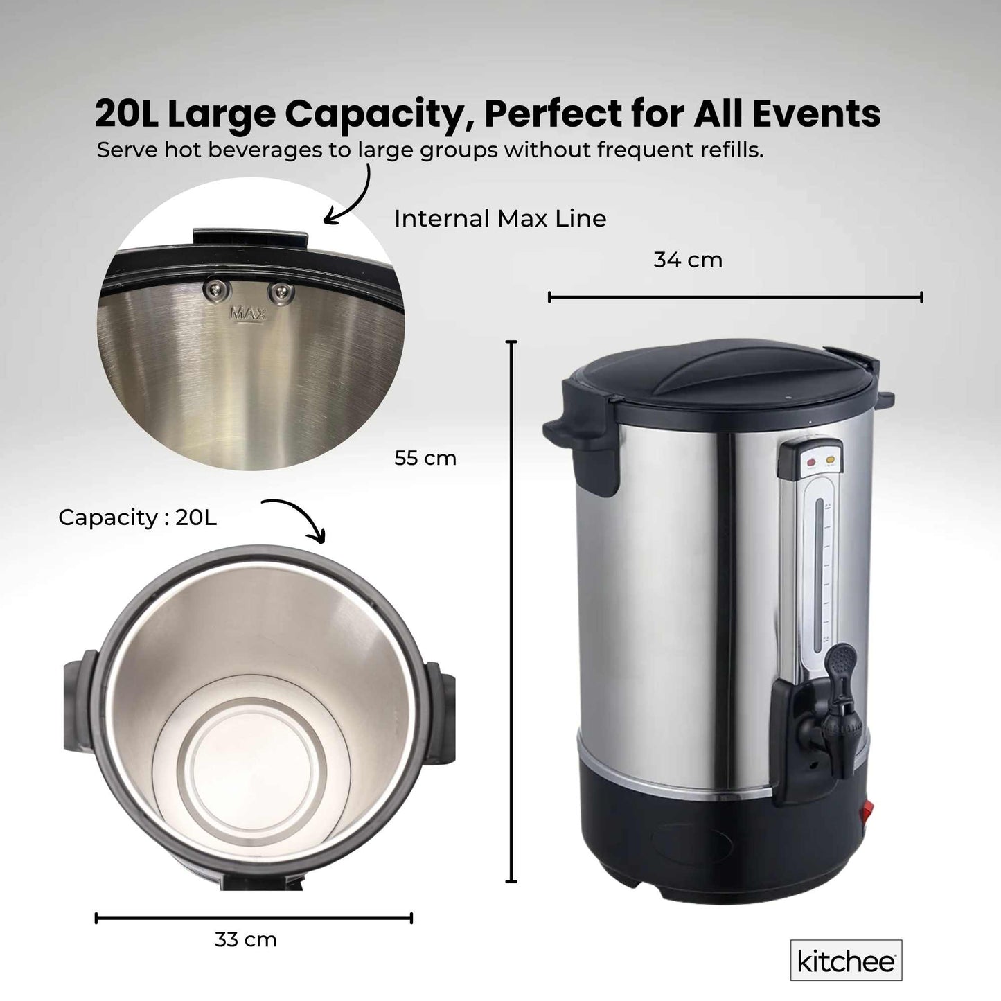Kitchee 20L Electric Water Boiler - Stainless Steel Commercial Hot Liquid Urn