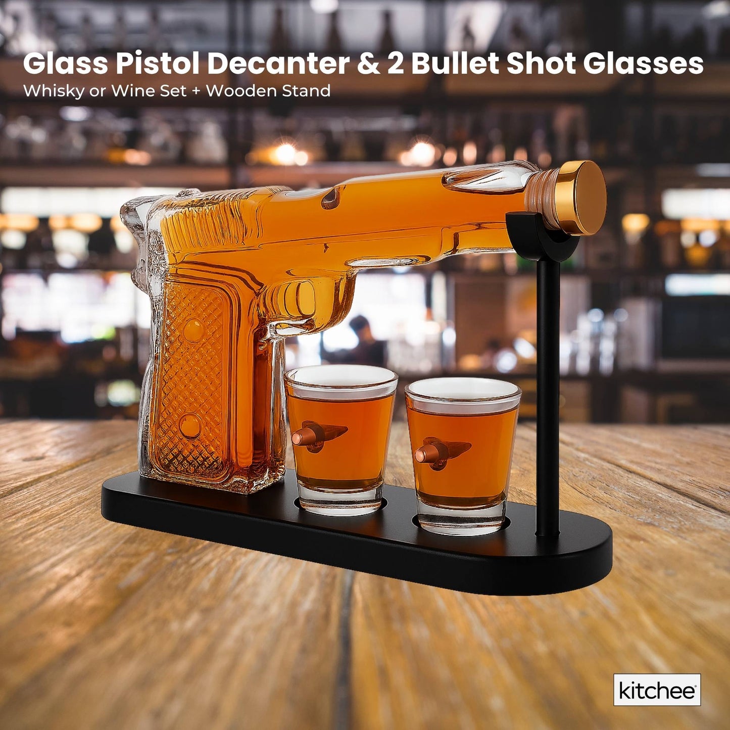 Kitchee 225mL Whisky or Wine Decanter Glass Pistol Set - 2 Glasses + Stand