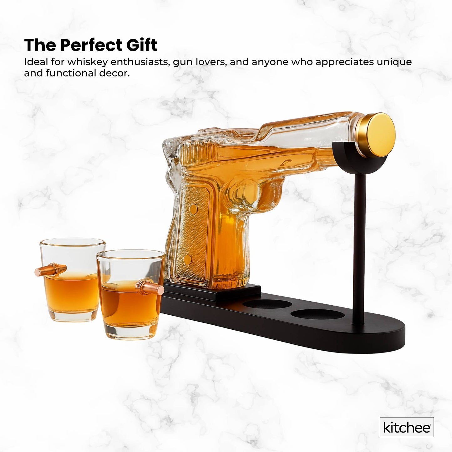Kitchee 225mL Whisky or Wine Decanter Glass Pistol Set - 2 Glasses + Stand