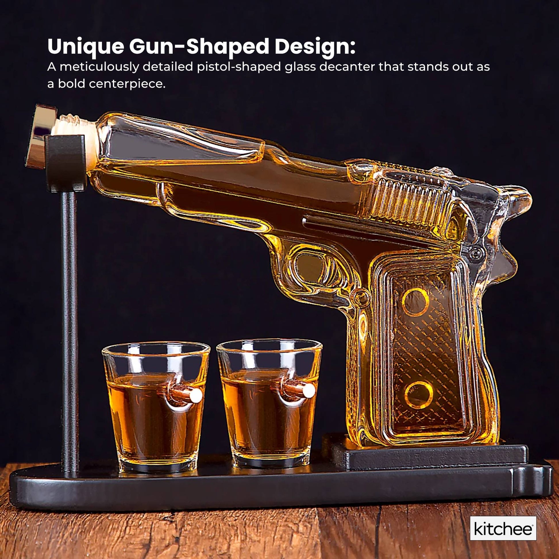 Kitchee 225mL Whisky or Wine Decanter Glass Pistol Set - 2 Glasses + Stand