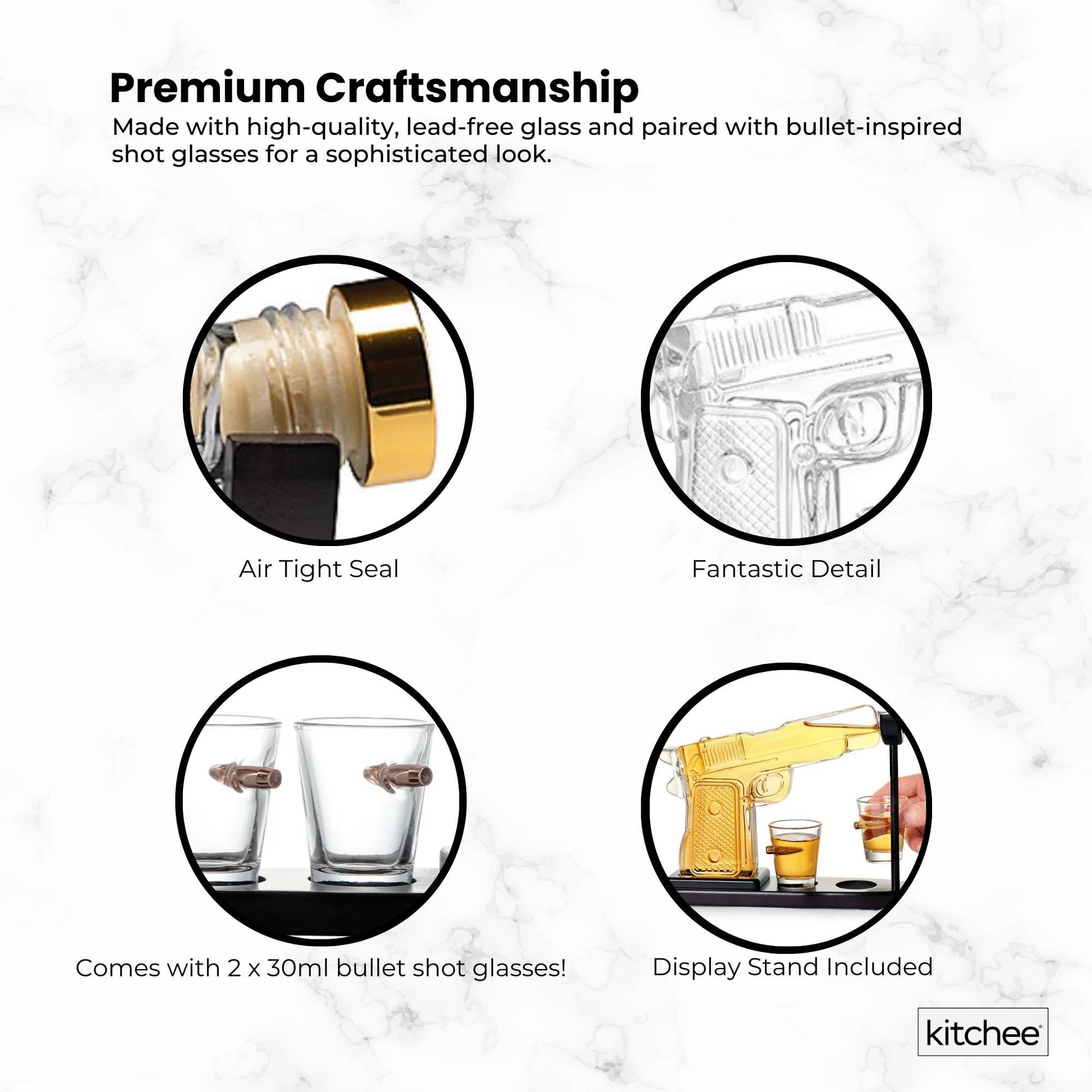 Kitchee 225mL Whisky or Wine Decanter Glass Pistol Set - 2 Glasses + Stand