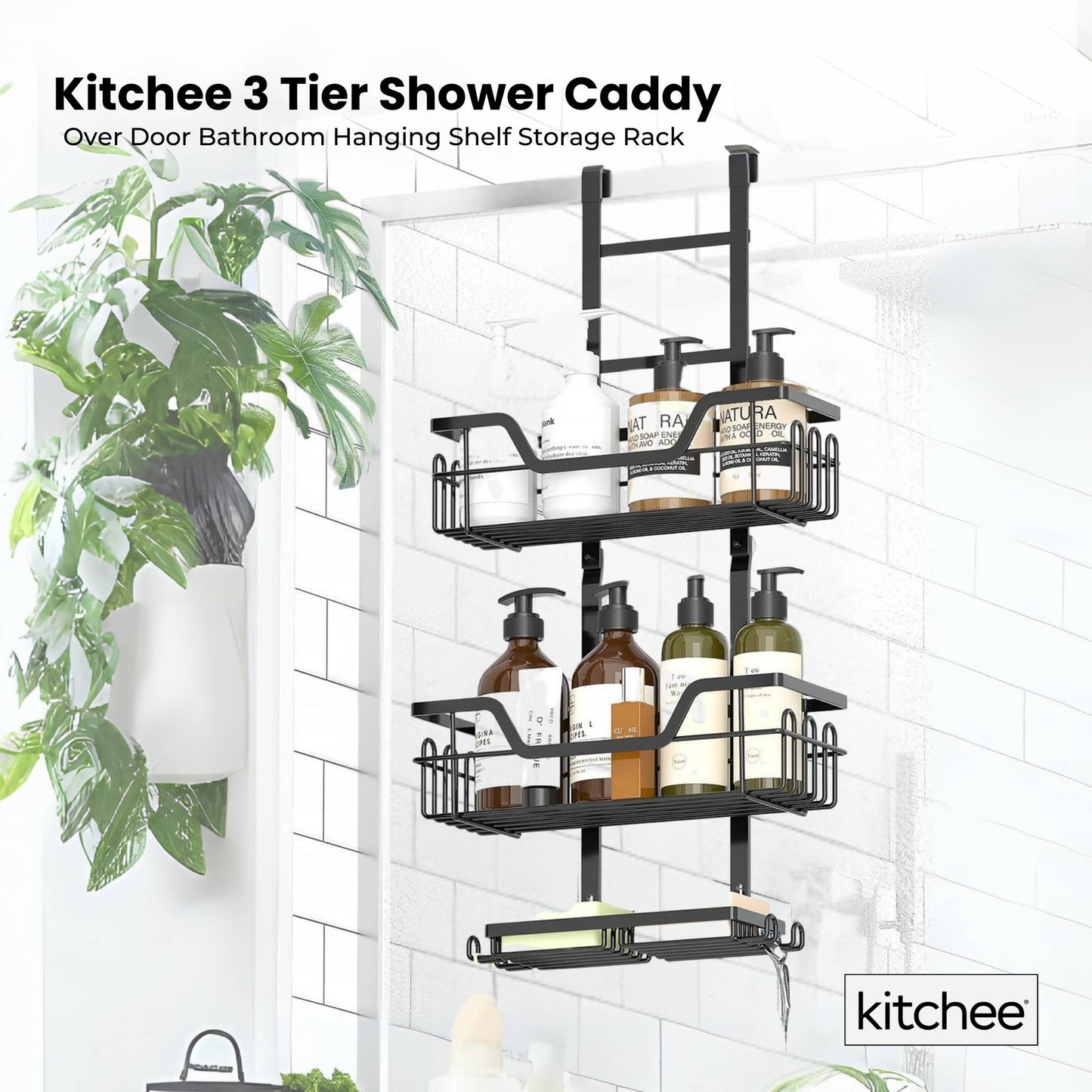 Kitchee 3 Tier Shower Caddy Over Door Bathroom Shelf Storage Rack Black