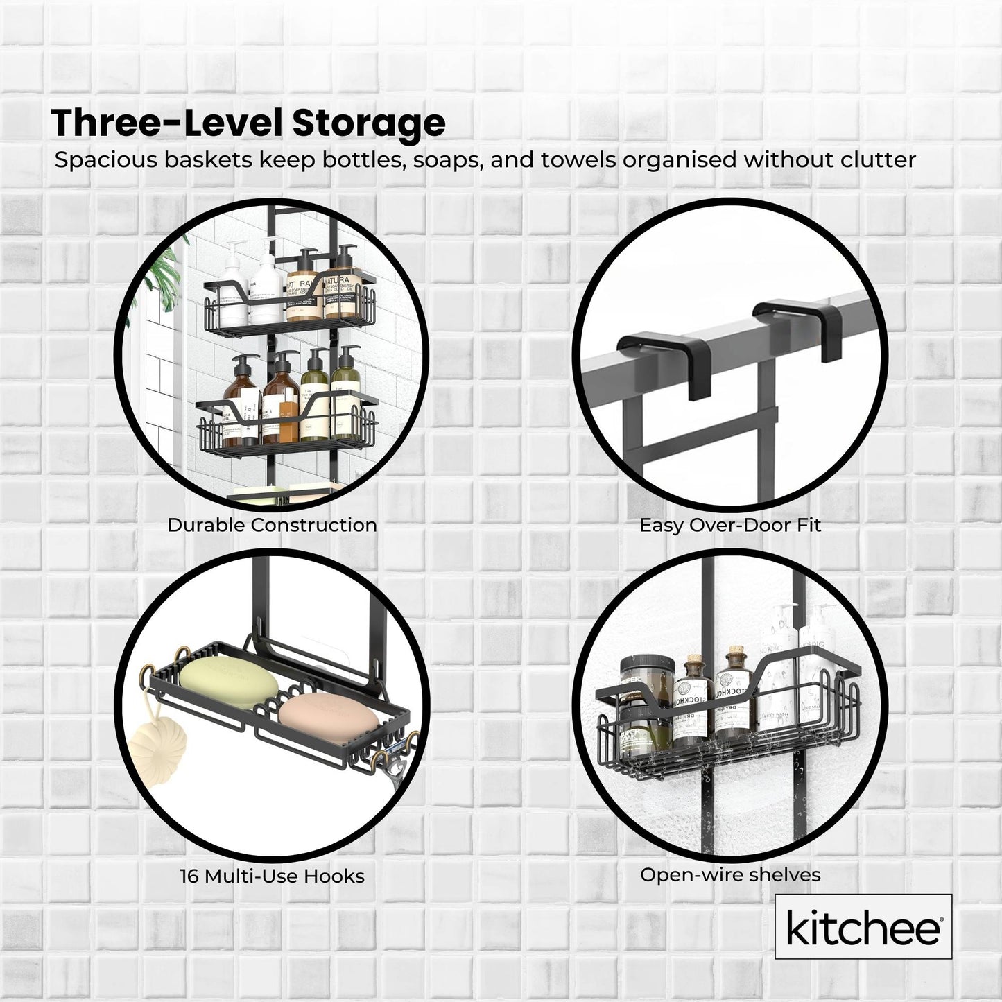 Kitchee 3 Tier Shower Caddy Over Door Bathroom Shelf Storage Rack Black