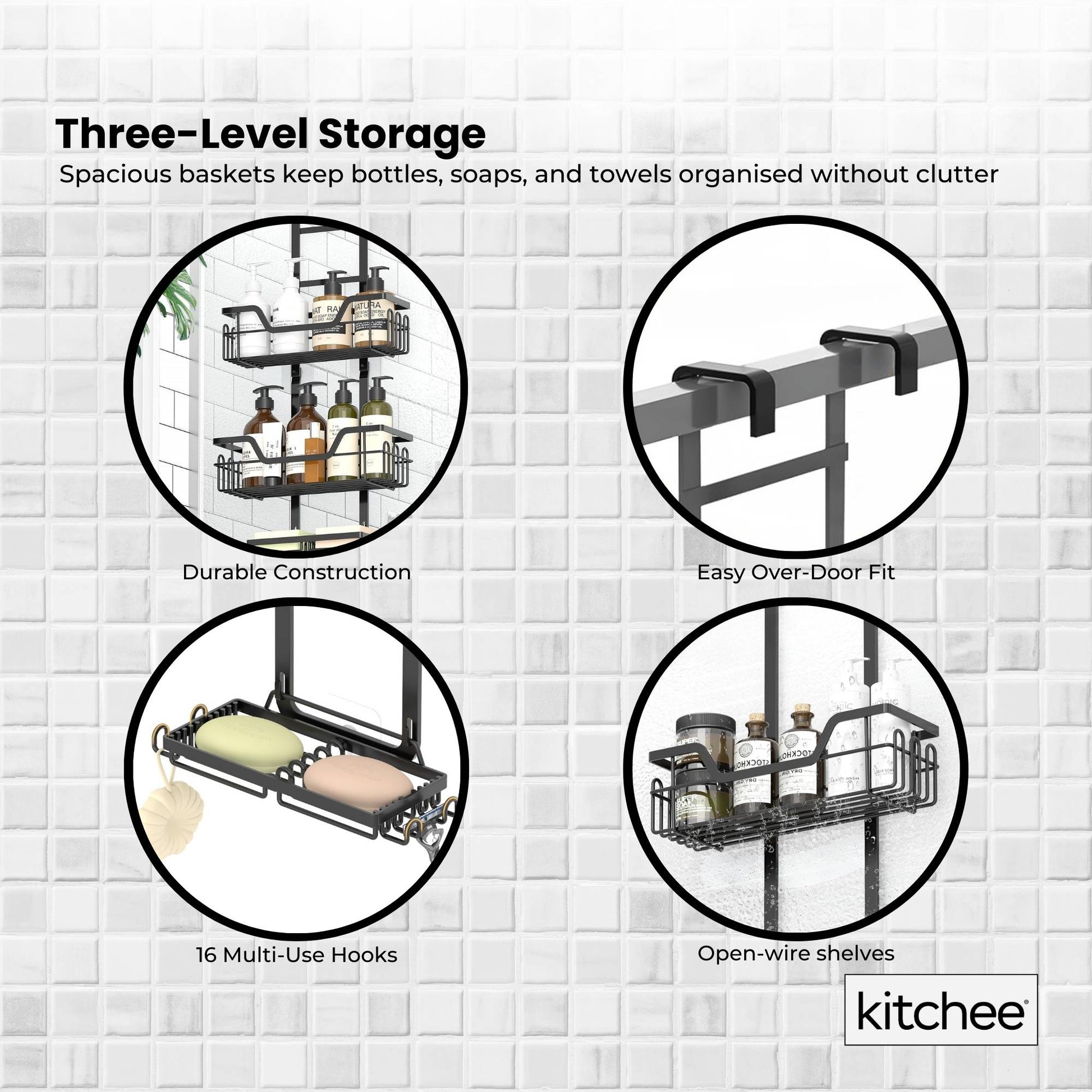 Kitchee 3 Tier Shower Caddy Over Door Bathroom Shelf Storage Rack Black