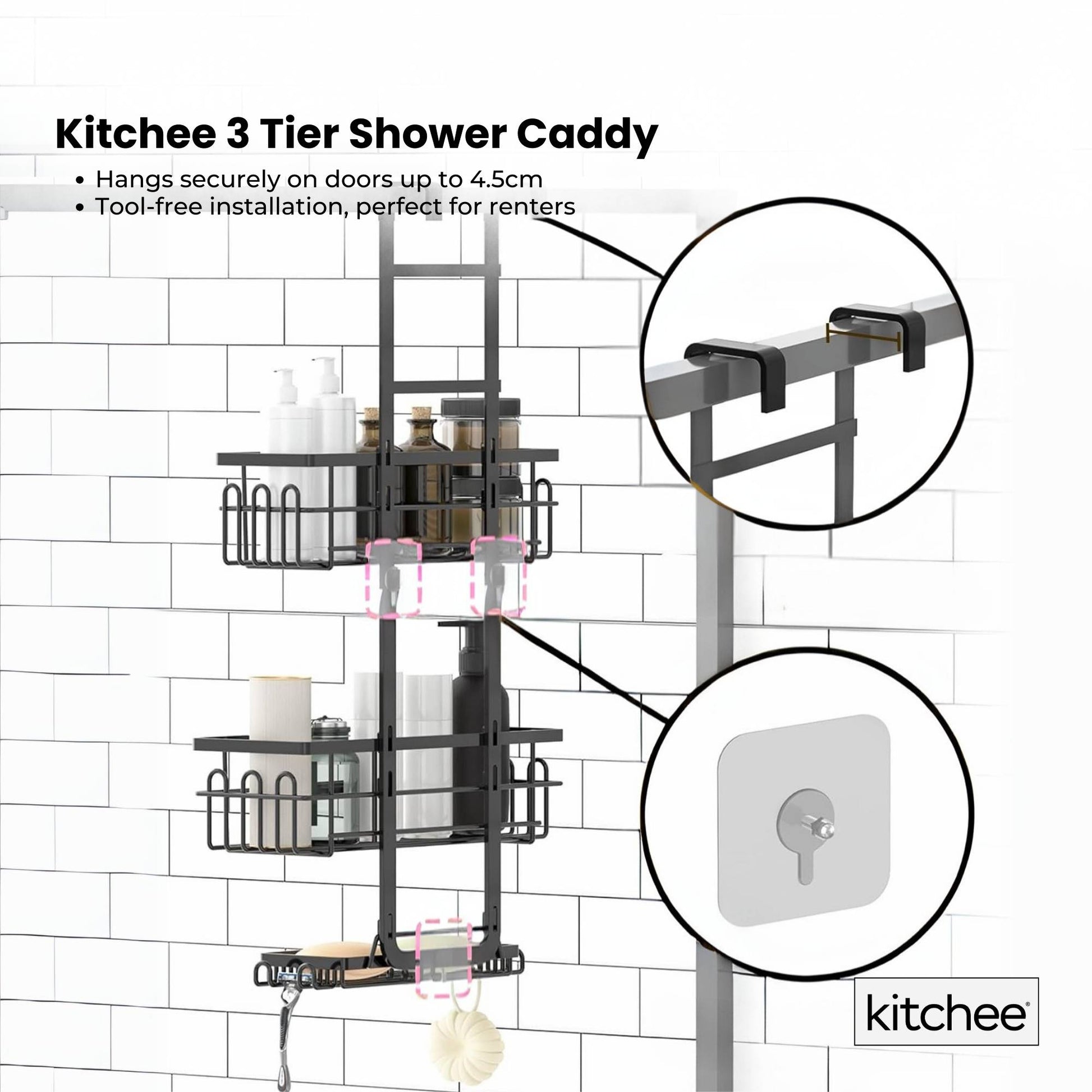 Kitchee 3 Tier Shower Caddy Over Door Bathroom Shelf Storage Rack Black