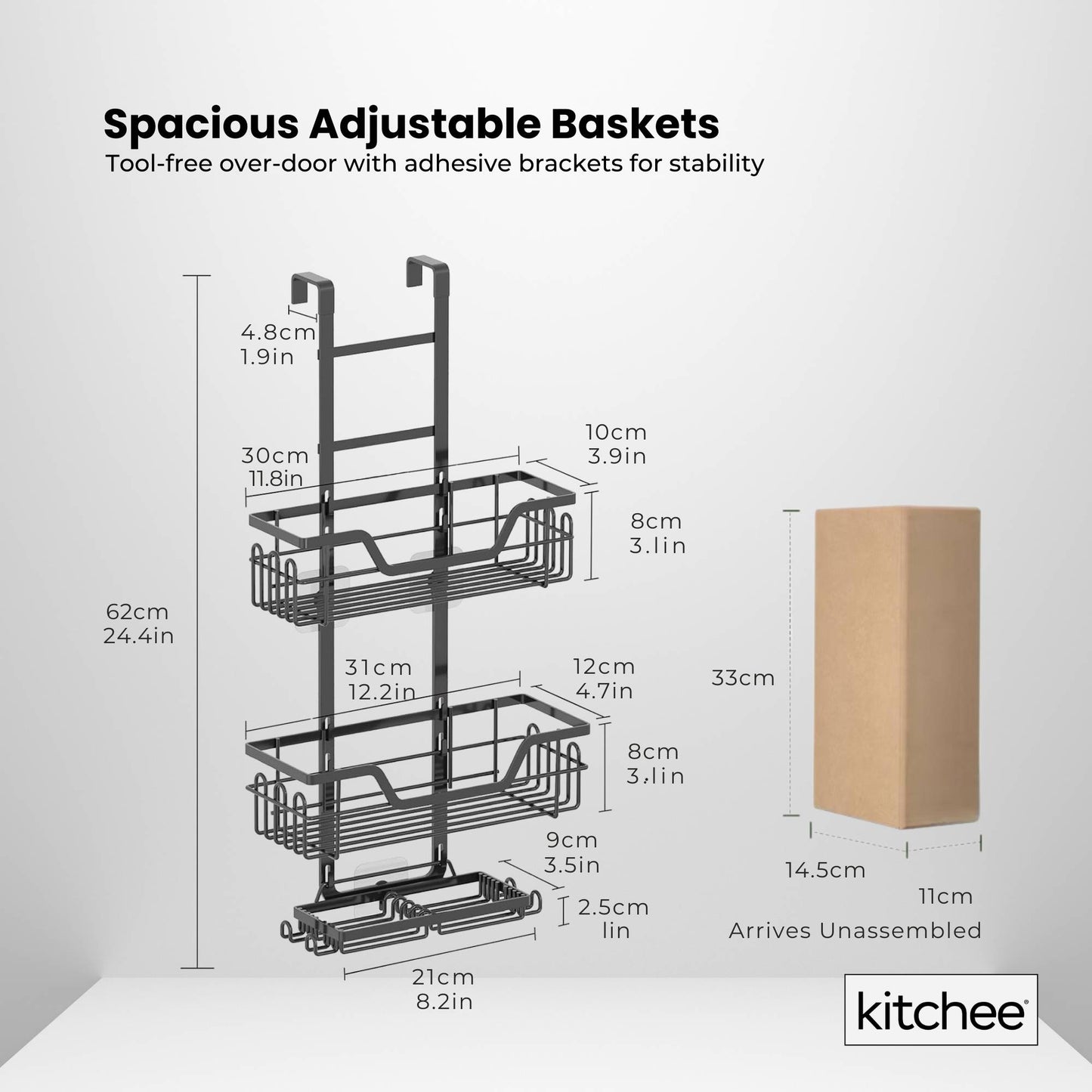 Kitchee 3 Tier Shower Caddy Over Door Bathroom Shelf Storage Rack Black