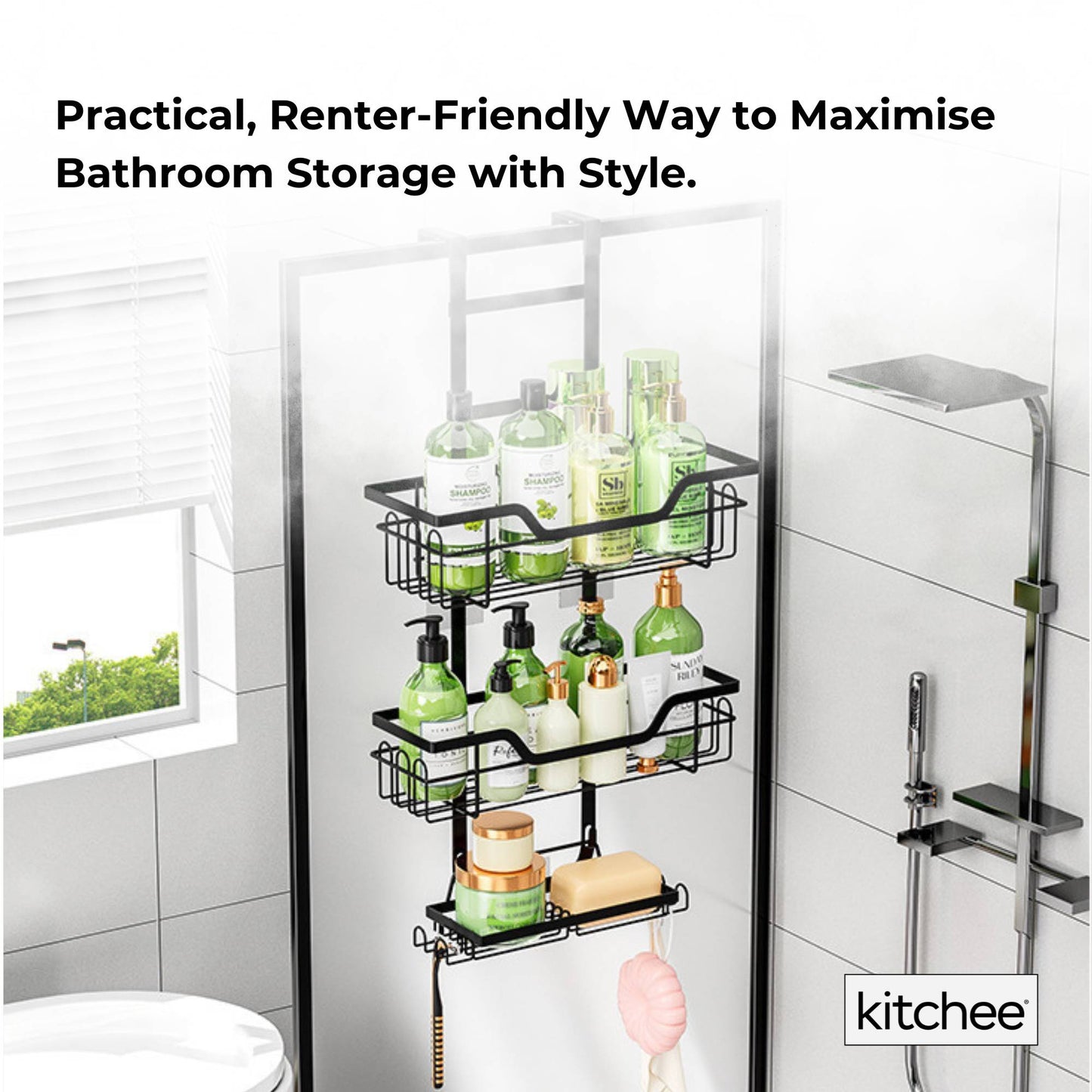 Kitchee 3 Tier Shower Caddy Over Door Bathroom Shelf Storage Rack Black