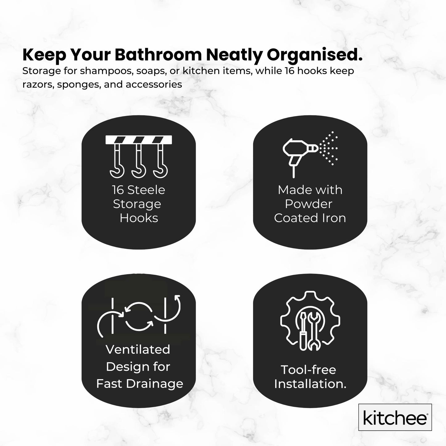 Kitchee 3 Tier Shower Caddy Over Door Bathroom Shelf Storage Rack Black