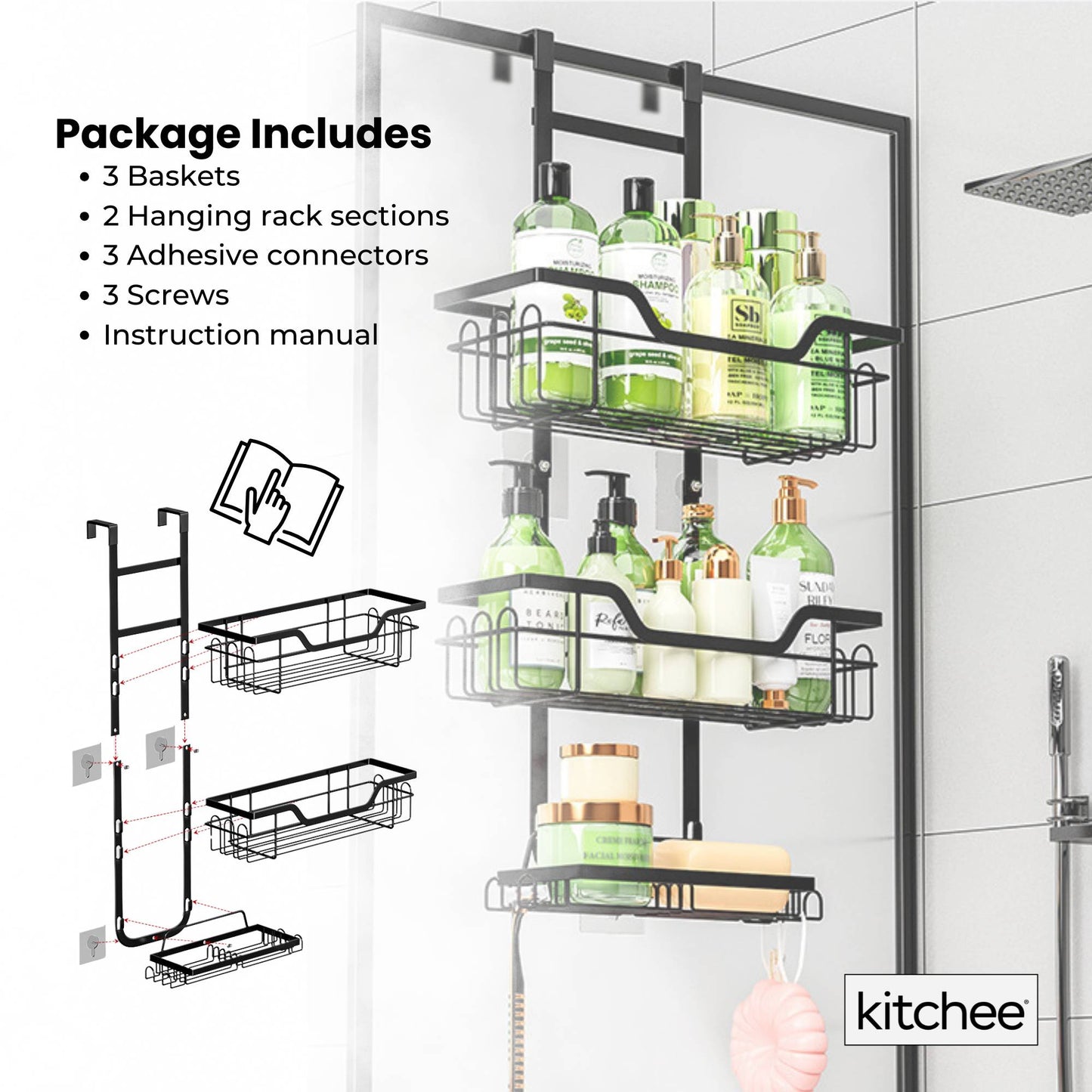 Kitchee 3 Tier Shower Caddy Over Door Bathroom Shelf Storage Rack Black