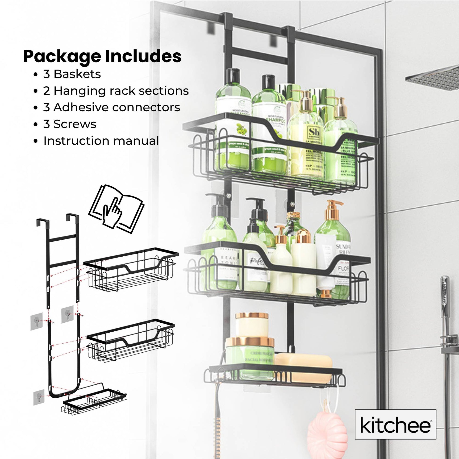 Kitchee 3 Tier Shower Caddy Over Door Bathroom Shelf Storage Rack Black