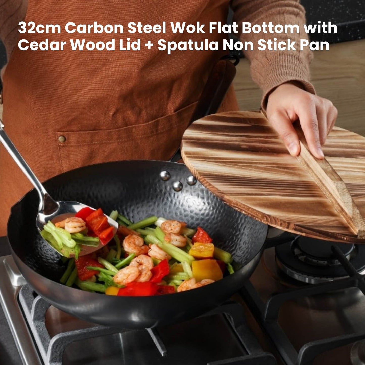 Kitchee 32cm Induction Wok Carbon Steel Flat Bottom with Lid + Spatula Set