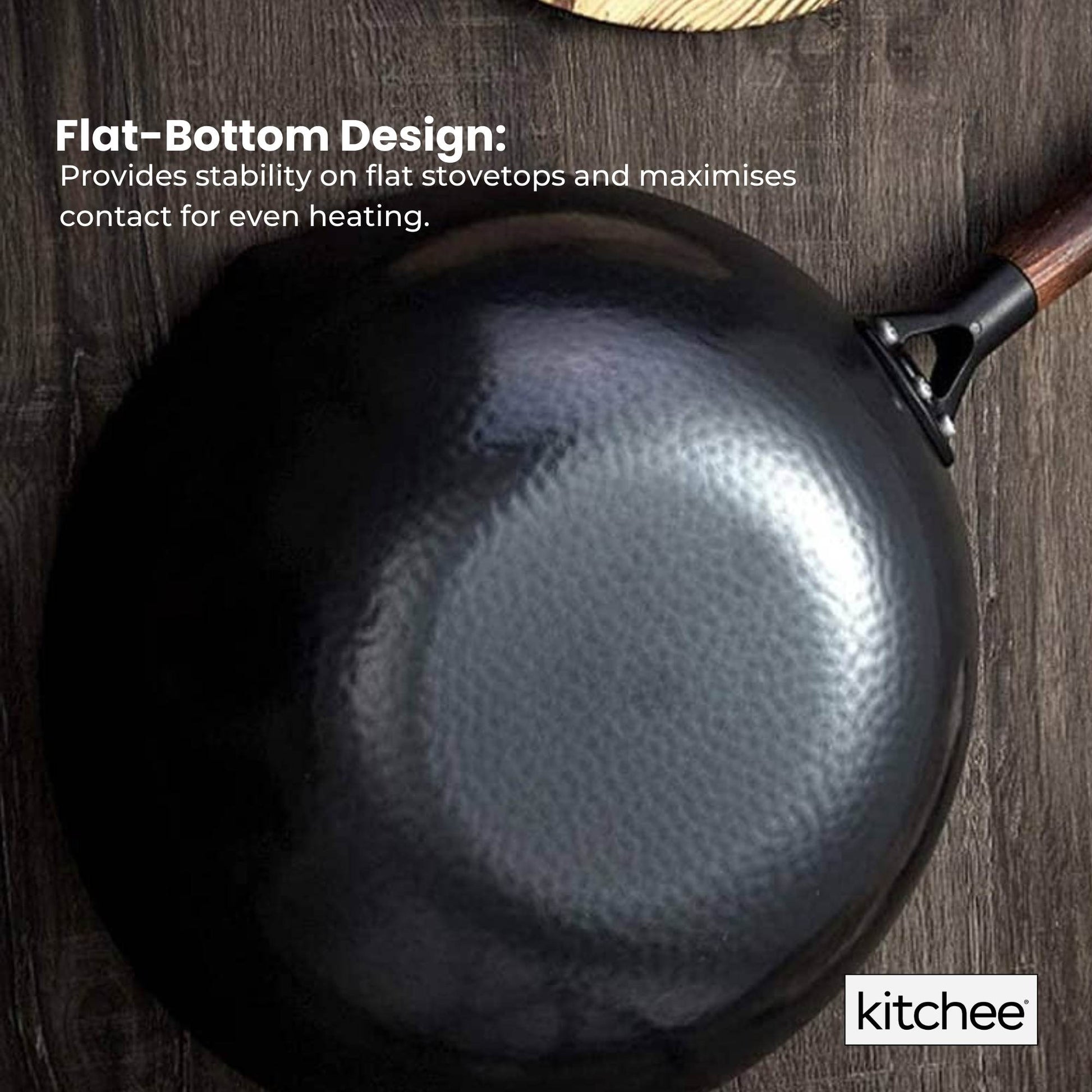 Kitchee 32cm Induction Wok Carbon Steel Flat Bottom with Lid + Spatula Set