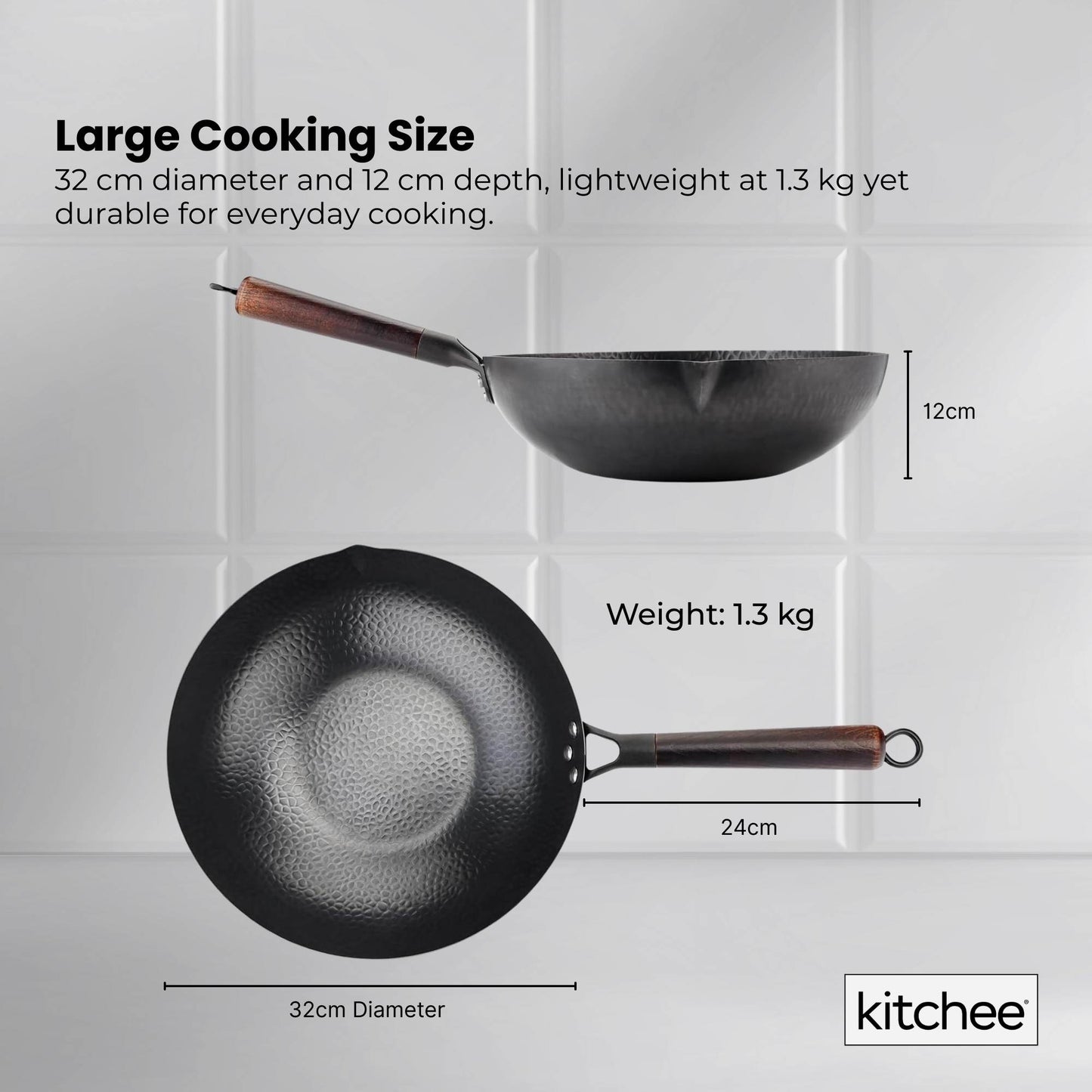 Kitchee 32cm Induction Wok Carbon Steel Flat Bottom with Lid + Spatula Set