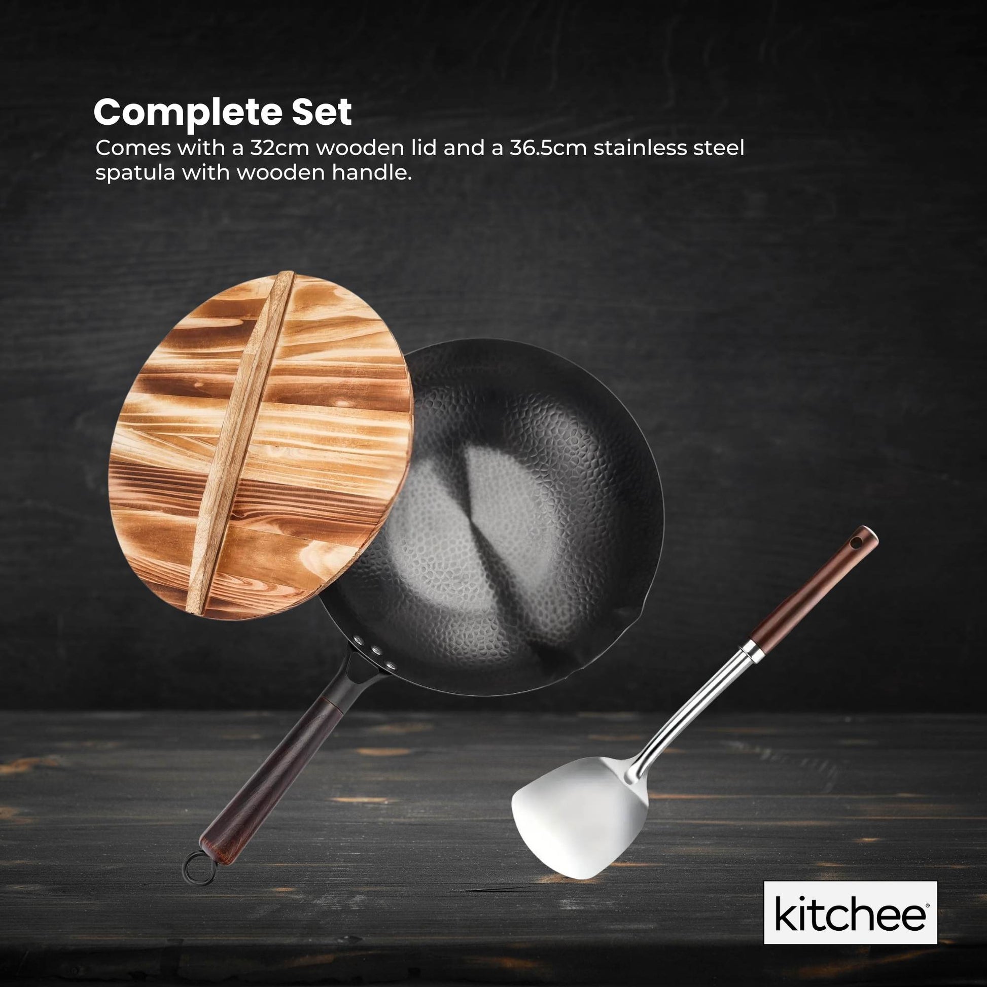 Kitchee 32cm Induction Wok Carbon Steel Flat Bottom with Lid + Spatula Set