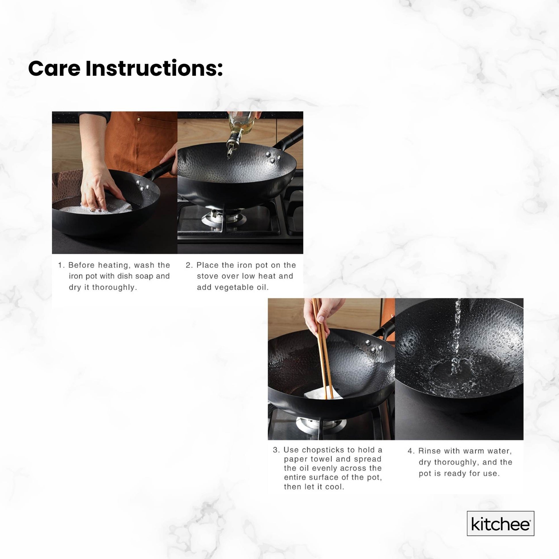 Kitchee 32cm Induction Wok Carbon Steel Flat Bottom with Lid + Spatula Set