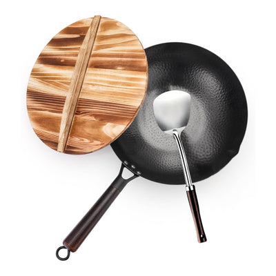 Kitchee 32cm Induction Wok Carbon Steel Flat Bottom with Lid + Spatula Set