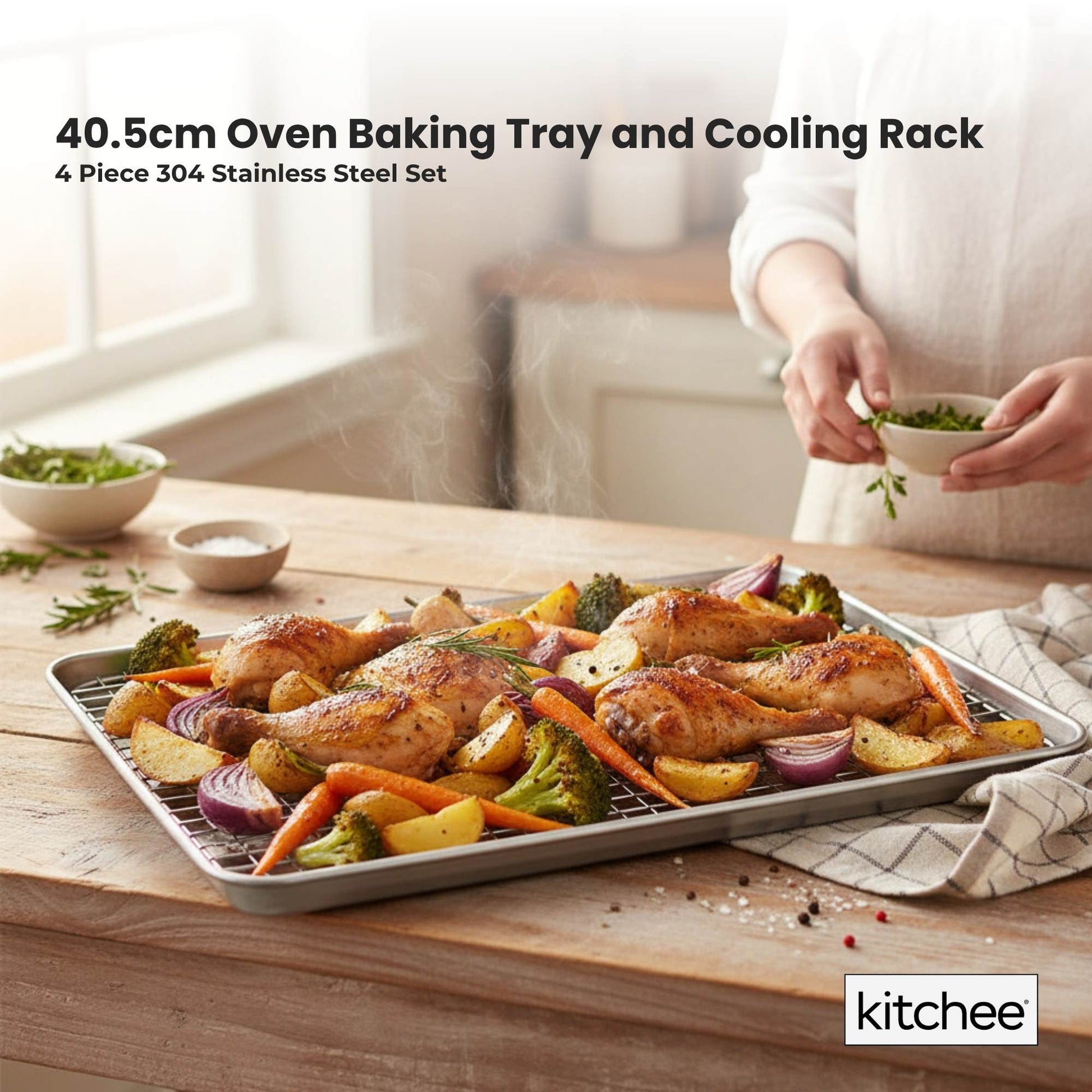 Kitchee 40.5x30.5cm Oven Baking Tray + Cooling Rack 4 Piece Stainless Steel