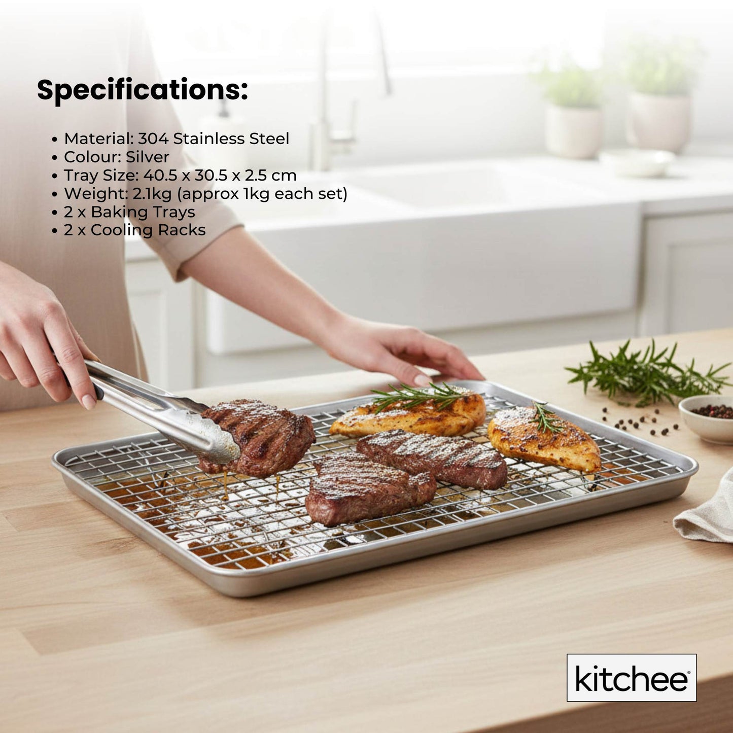 Kitchee 40.5x30.5cm Oven Baking Tray + Cooling Rack 4 Piece Stainless Steel