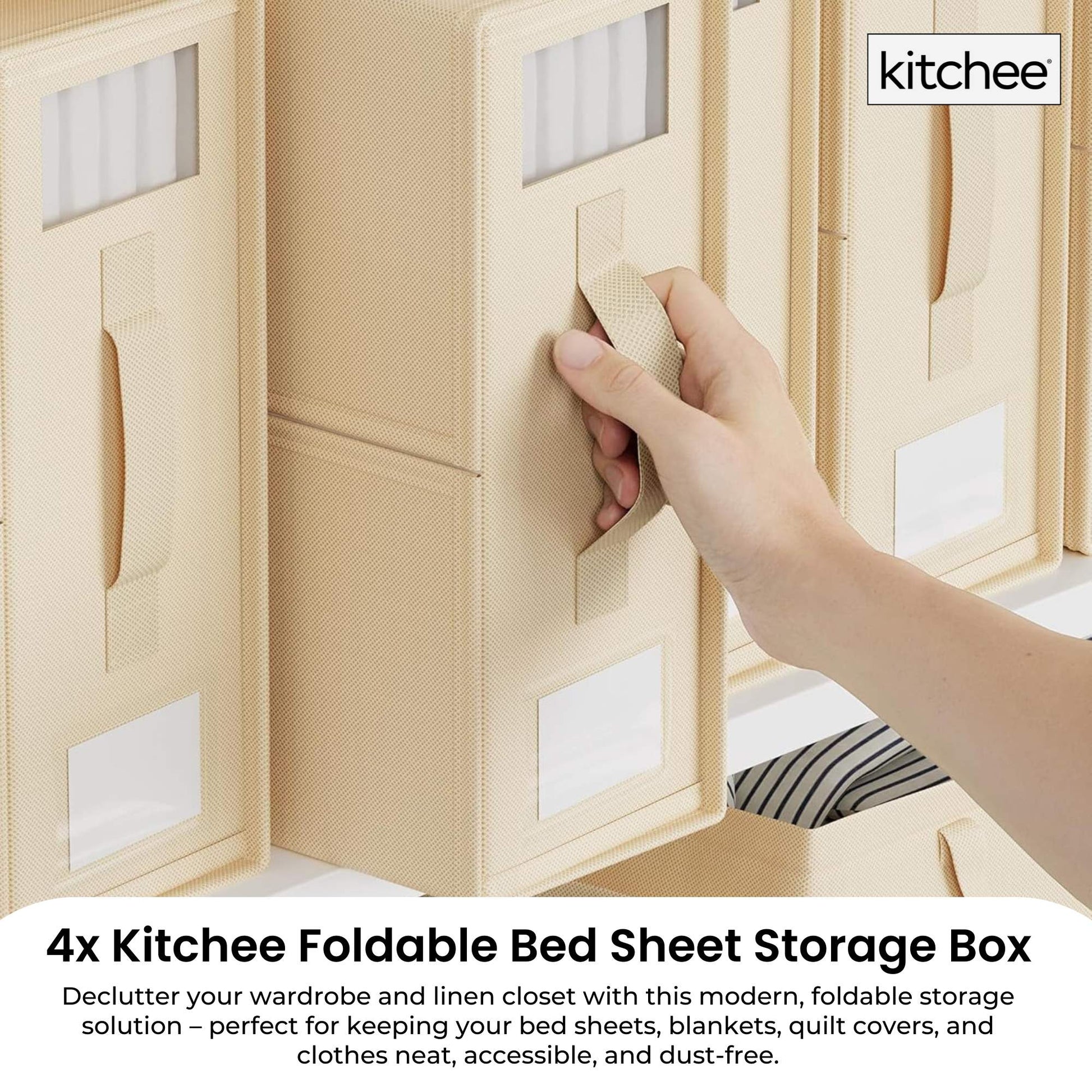 Kitchee 4x Foldable Bed Sheet Storage Box - Linen + Closet Organiser Beige