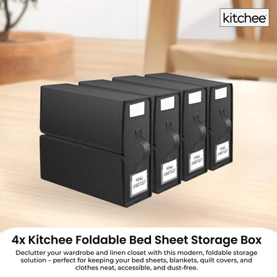 Kitchee 4x Foldable Bed Sheet Storage Box - Linen + Closet Organiser Black