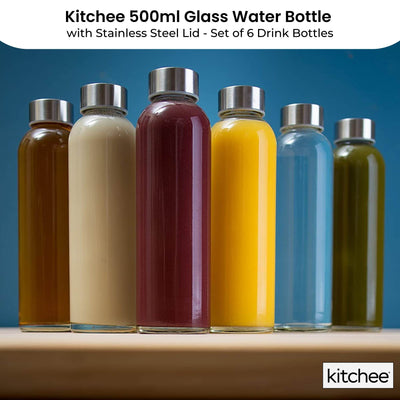 Kitchee 500ml Glass Water Drink Bottle with Stainless Steel Lid - Set of 6