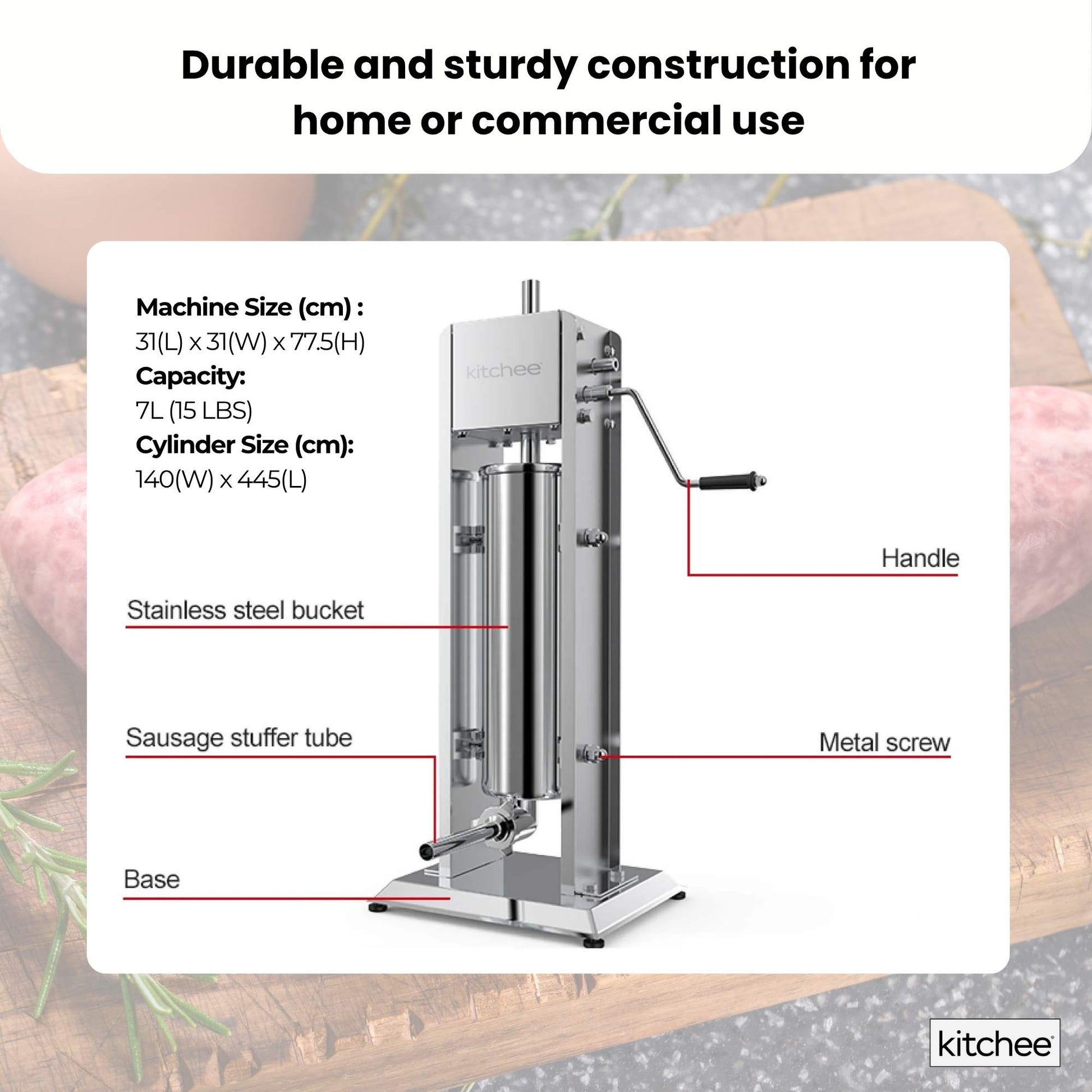 Kitchee 7L Manual Vertical Sausage Filler - Stainless Stuffer Meat Press Machine