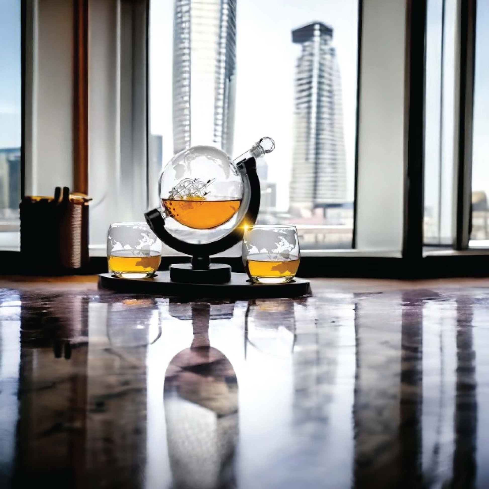 Kitchee 850ml Whiskey or Wine Globe Glass Decanter Set - 2 Glasses + Stand