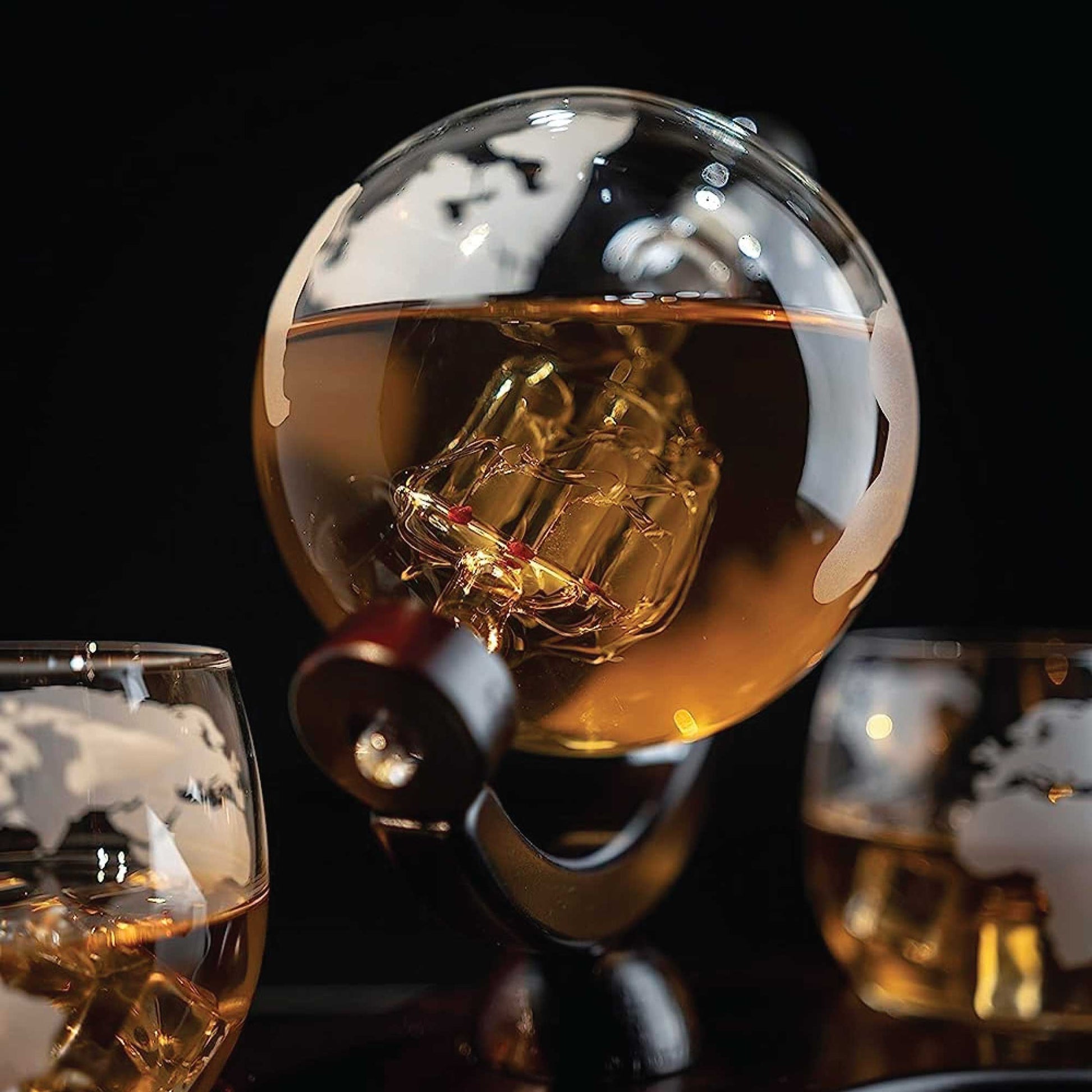 Kitchee 850ml Whiskey or Wine Globe Glass Decanter Set - 2 Glasses + Stand