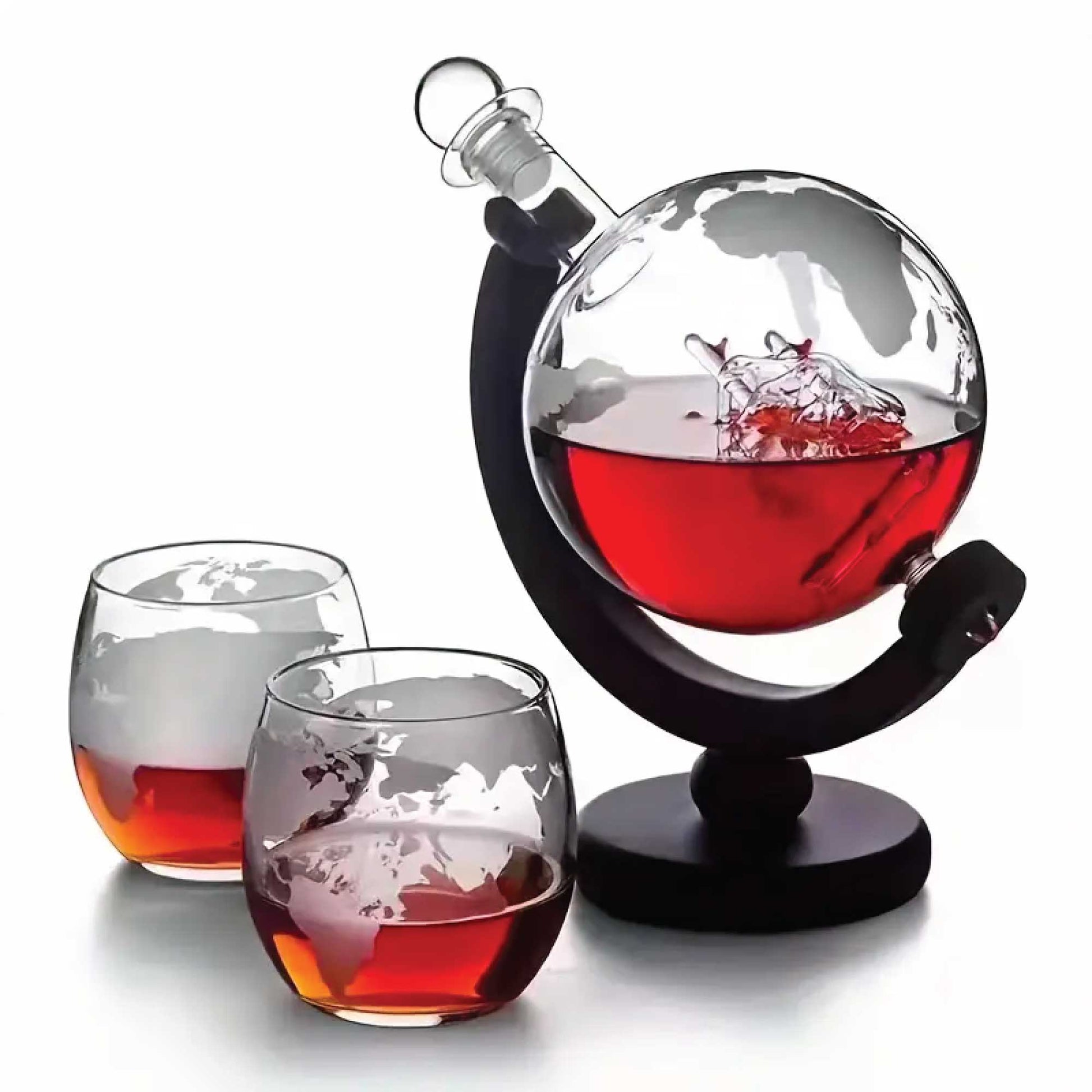 Kitchee 850ml Whiskey or Wine Globe Glass Decanter Set - 2 Glasses + Stand