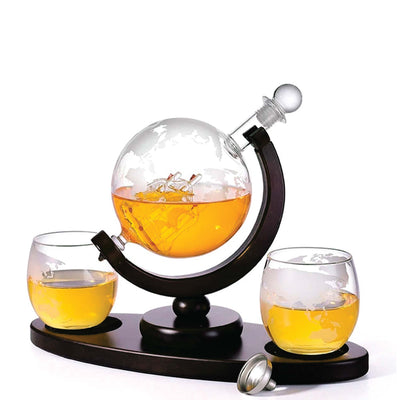 Kitchee 850ml Whiskey or Wine Globe Glass Decanter Set - 2 Glasses + Stand