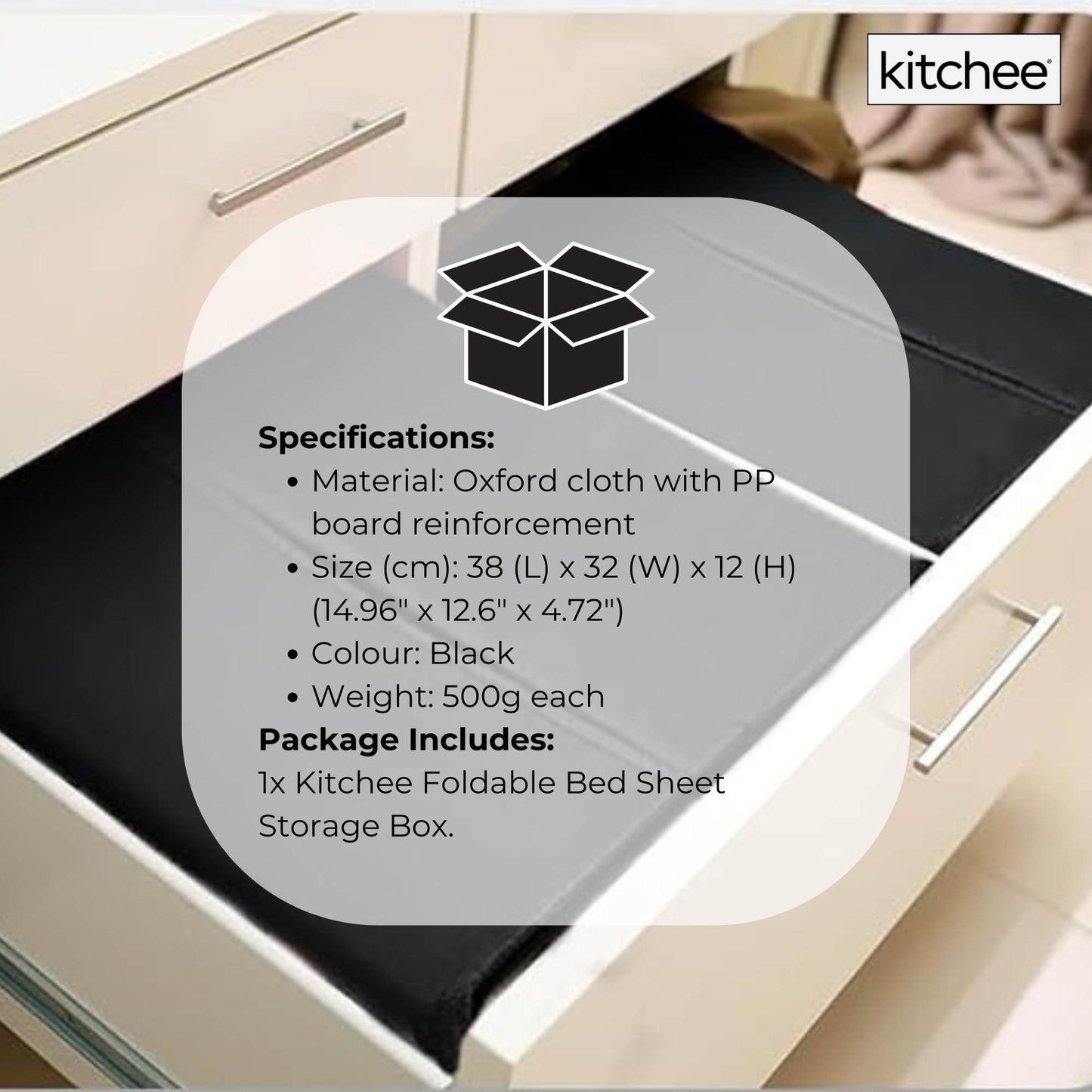 Kitchee Foldable Bed Sheet Storage Box - Linen + Closet Organiser Black