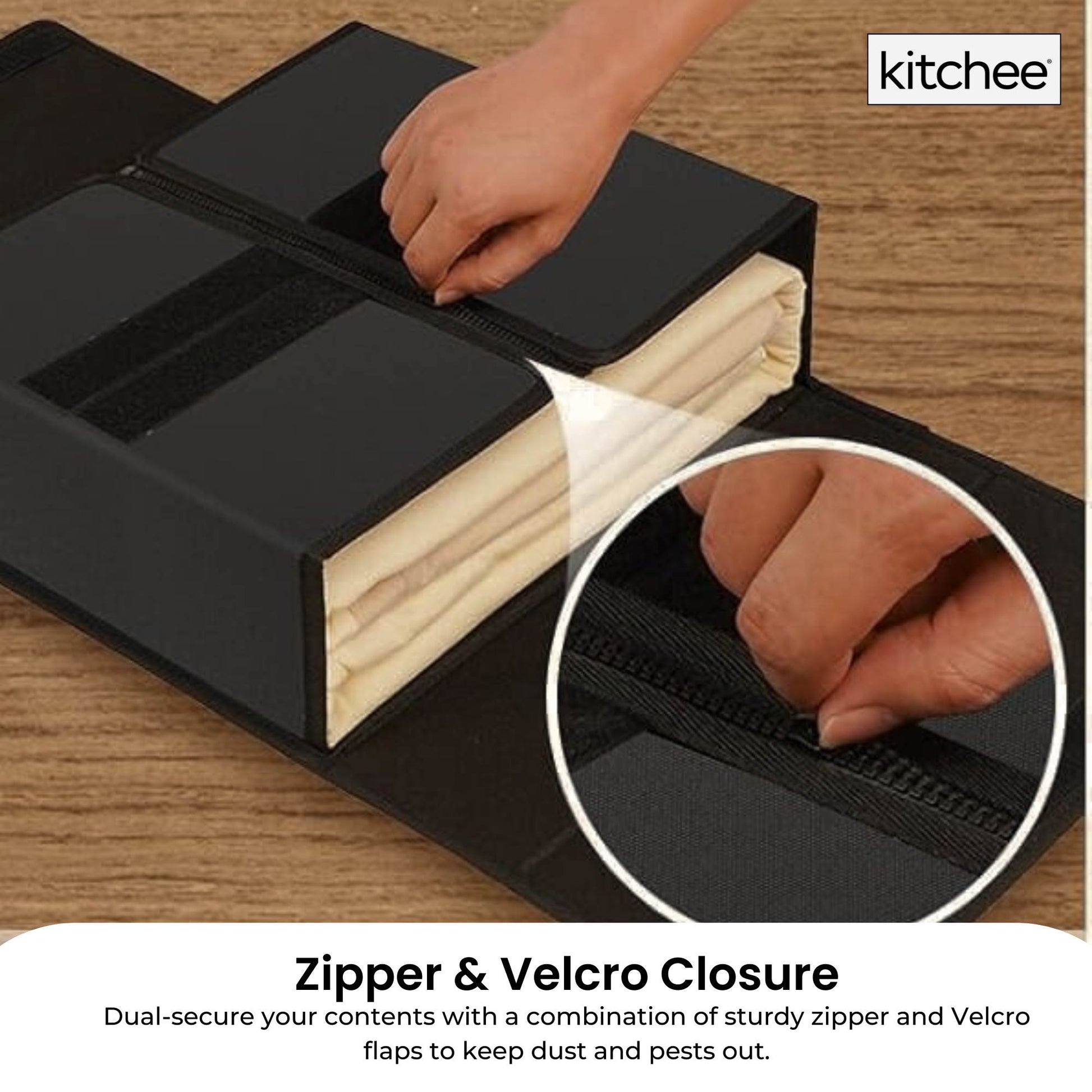 Kitchee Foldable Bed Sheet Storage Boxes - Linen Blanket and Closet Organiser Black