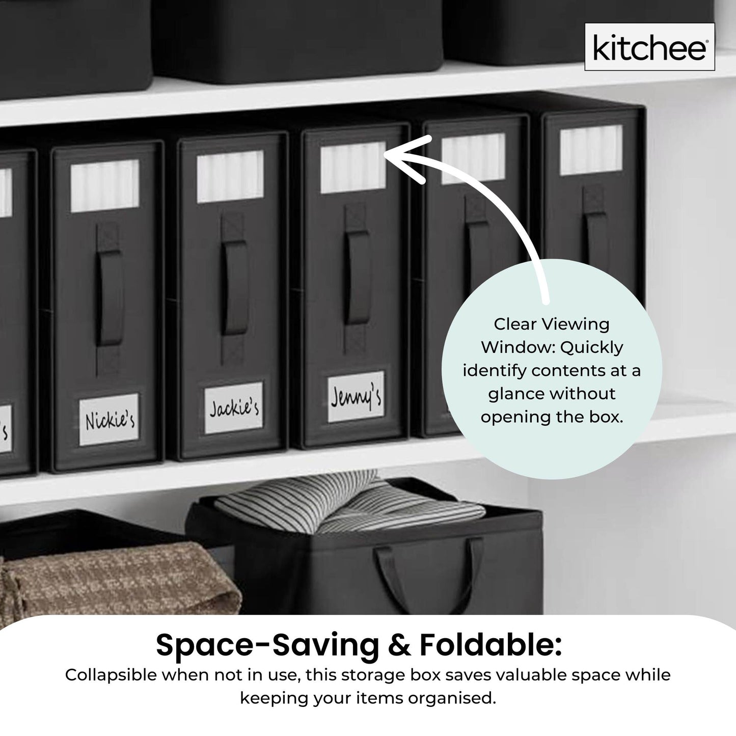 Kitchee Foldable Bed Sheet Storage Boxes - Linen Blanket and Closet Organiser Black