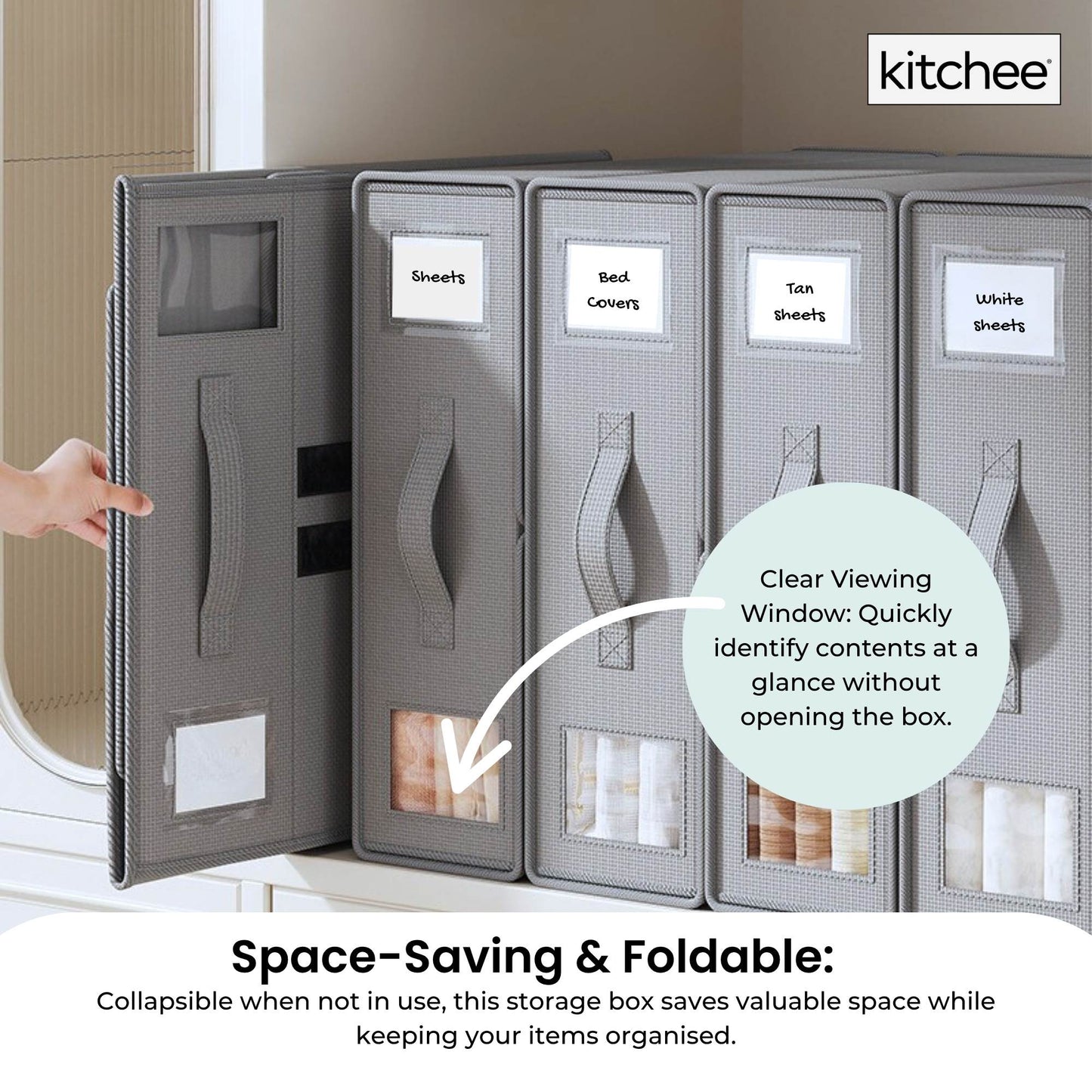 Kitchee Foldable Bed Sheet Storage Boxes - Linen Blanket and Closet Organiser Grey