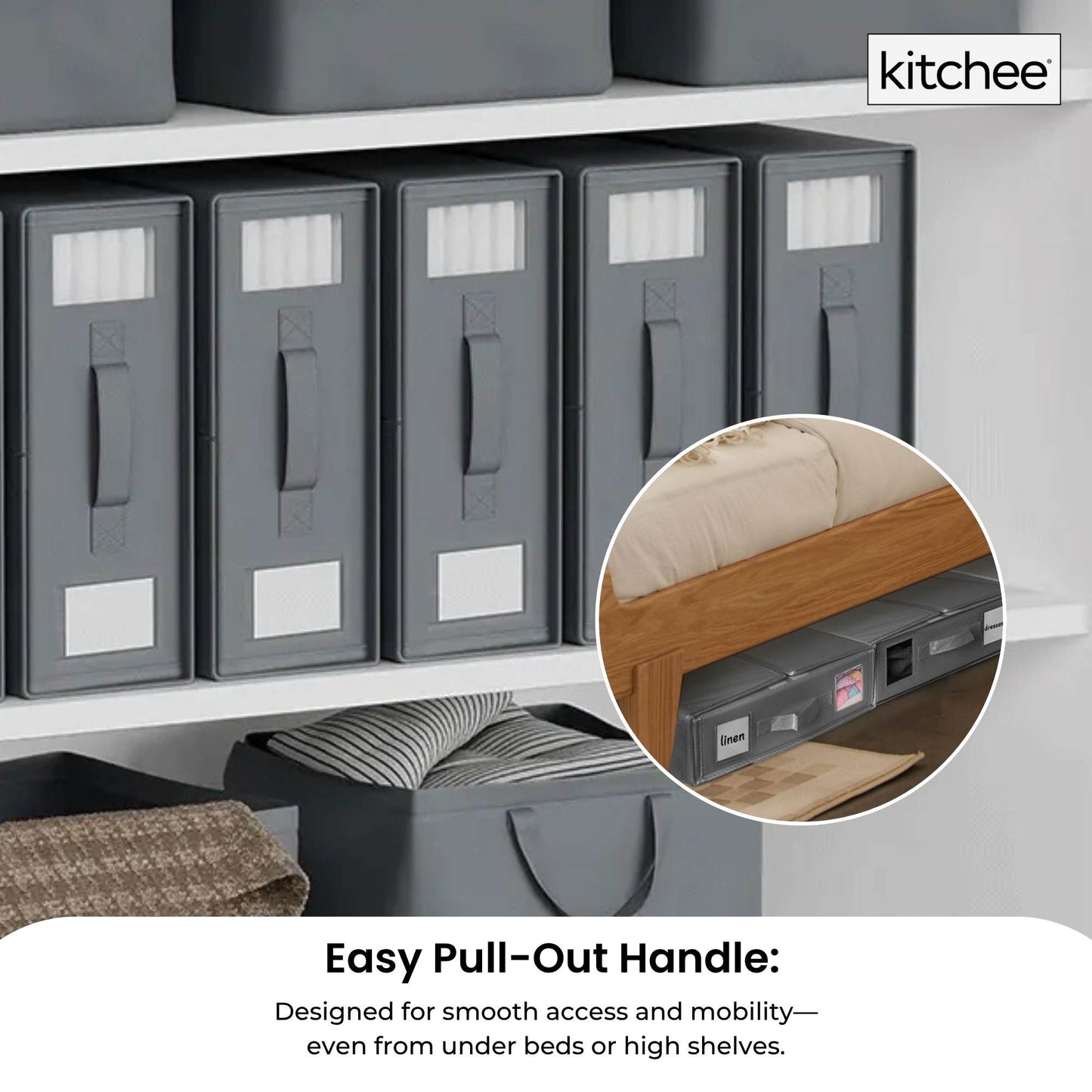 Kitchee Foldable Bed Sheet Storage Boxes - Linen Blanket and Closet Organiser Grey