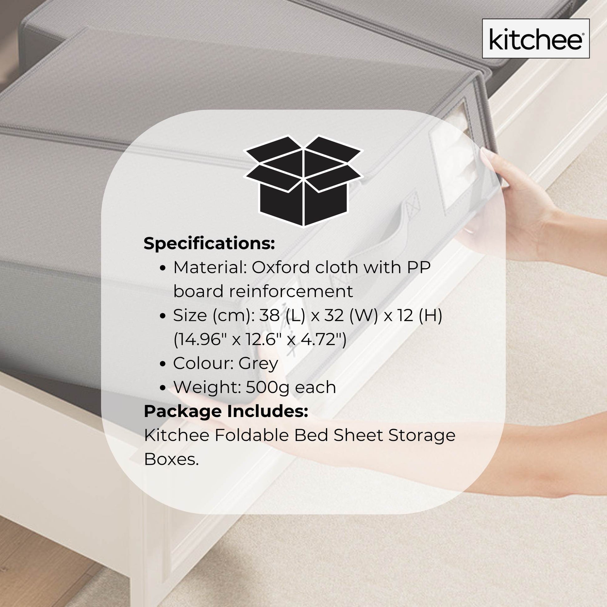 Kitchee Foldable Bed Sheet Storage Boxes - Linen Blanket and Closet Organiser Grey