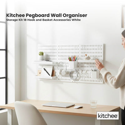 Kitchee Pegboard Wall Organiser Storage Kit 18 with Hooks and Baskets White
