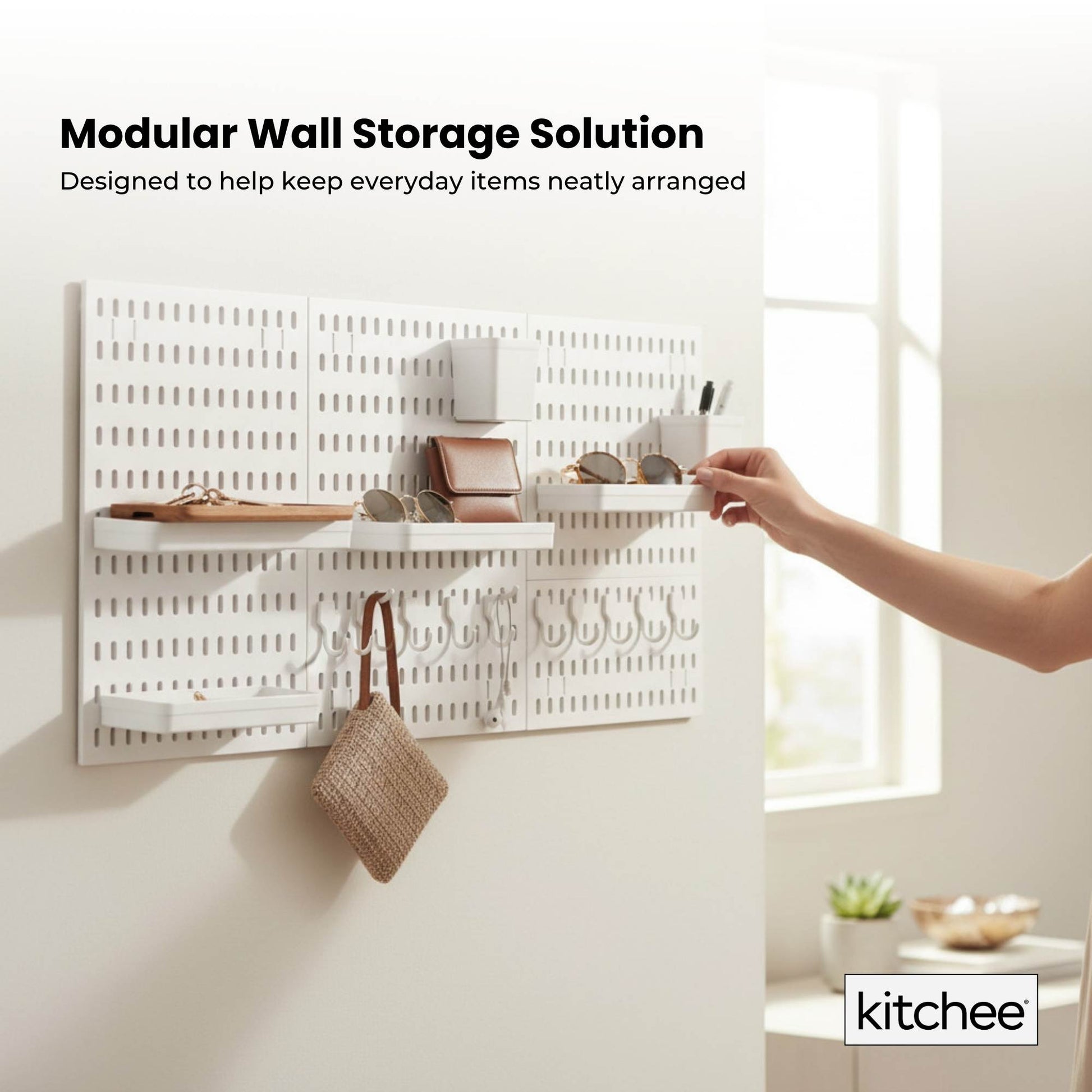Kitchee Pegboard Wall Organiser Storage Kit 18 with Hooks and Baskets White