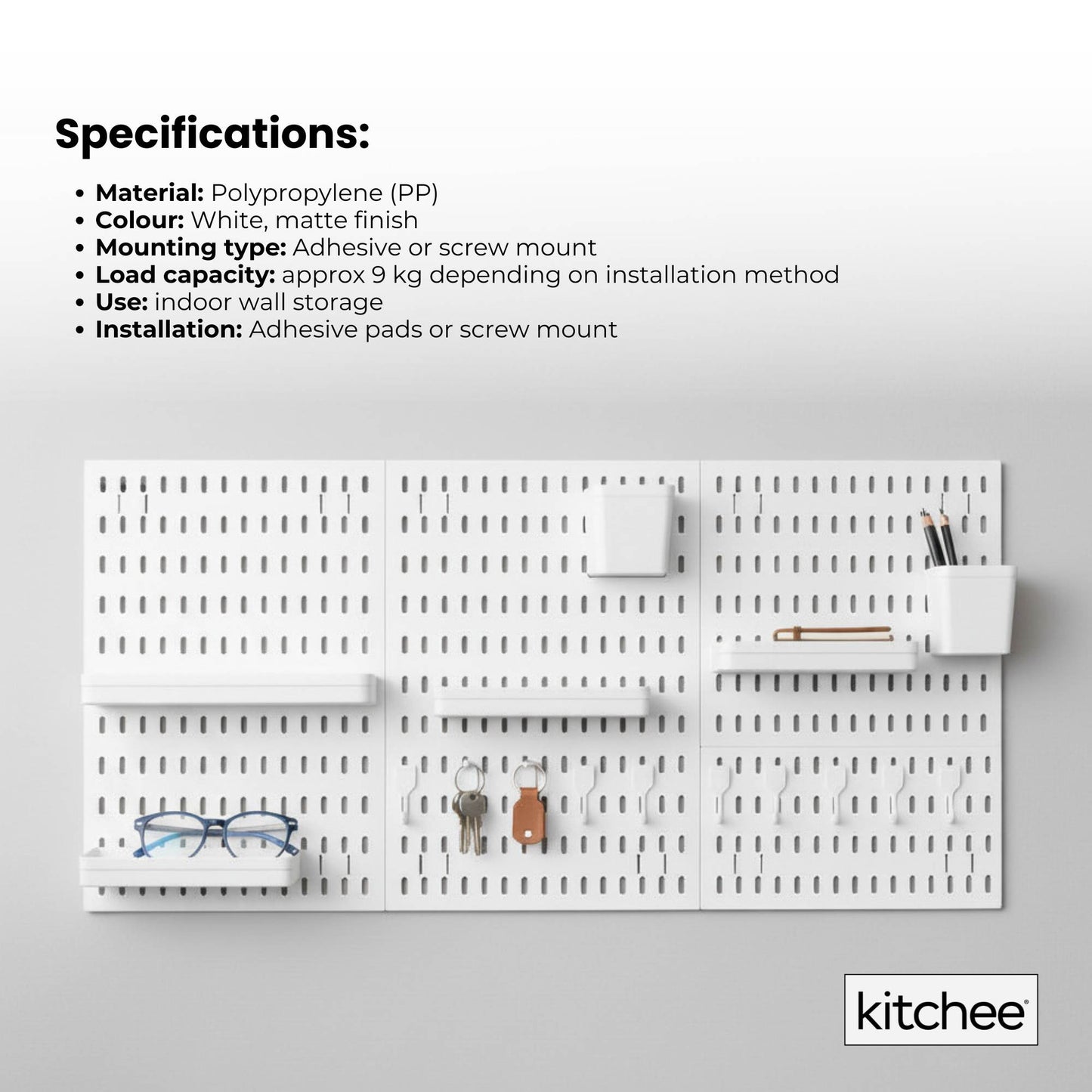 Kitchee Pegboard Wall Organiser Storage Kit 18 with Hooks and Baskets White