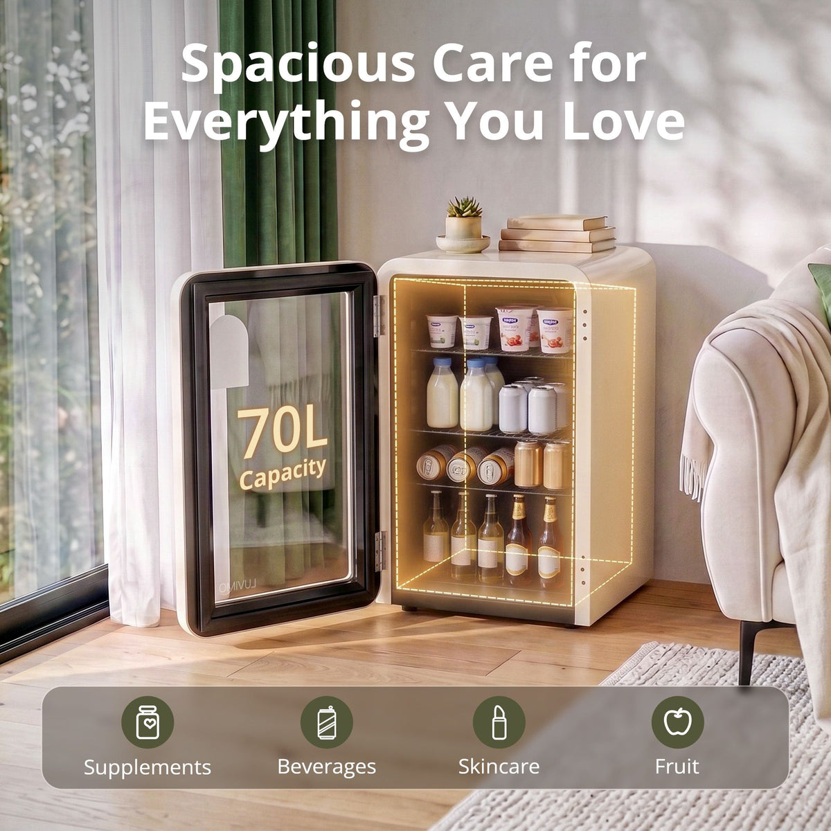 LUVIMO 70L Bar Fridge Mini Refrigerator Glass Door Aesthetics Cooler