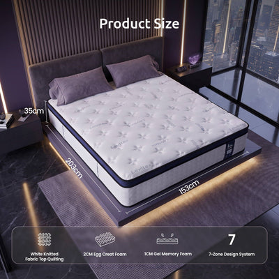 Levitex 35CM Queen Mattresses Gel Memory Foam and 7-Zone Ergonomic Pocket Spring, Anti-Roll Dual-Row Edge, Undisturbed Deep Sleep For Restless Couples, Triple Cooling System