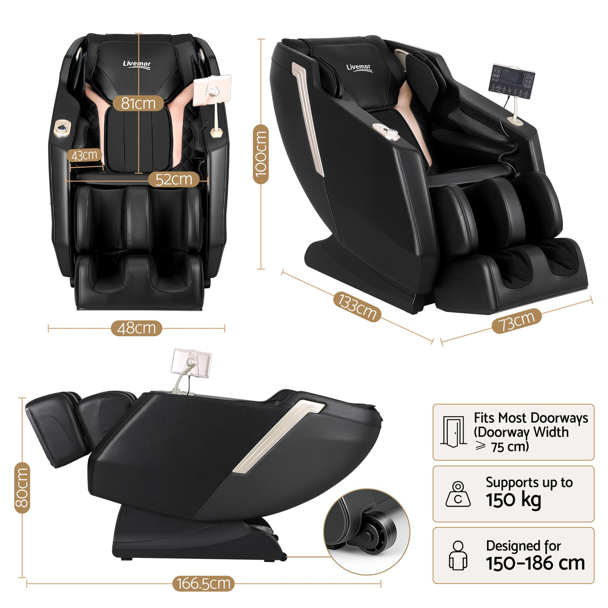 Livemor Flex Massage Chair Full Body with Heat Zero Gravity Recliner, 24 Airbags, Foot Massage, 6 Auto Programs, Voice Control, Bluetooth Speakers, Screen Control, Extendable Footrest