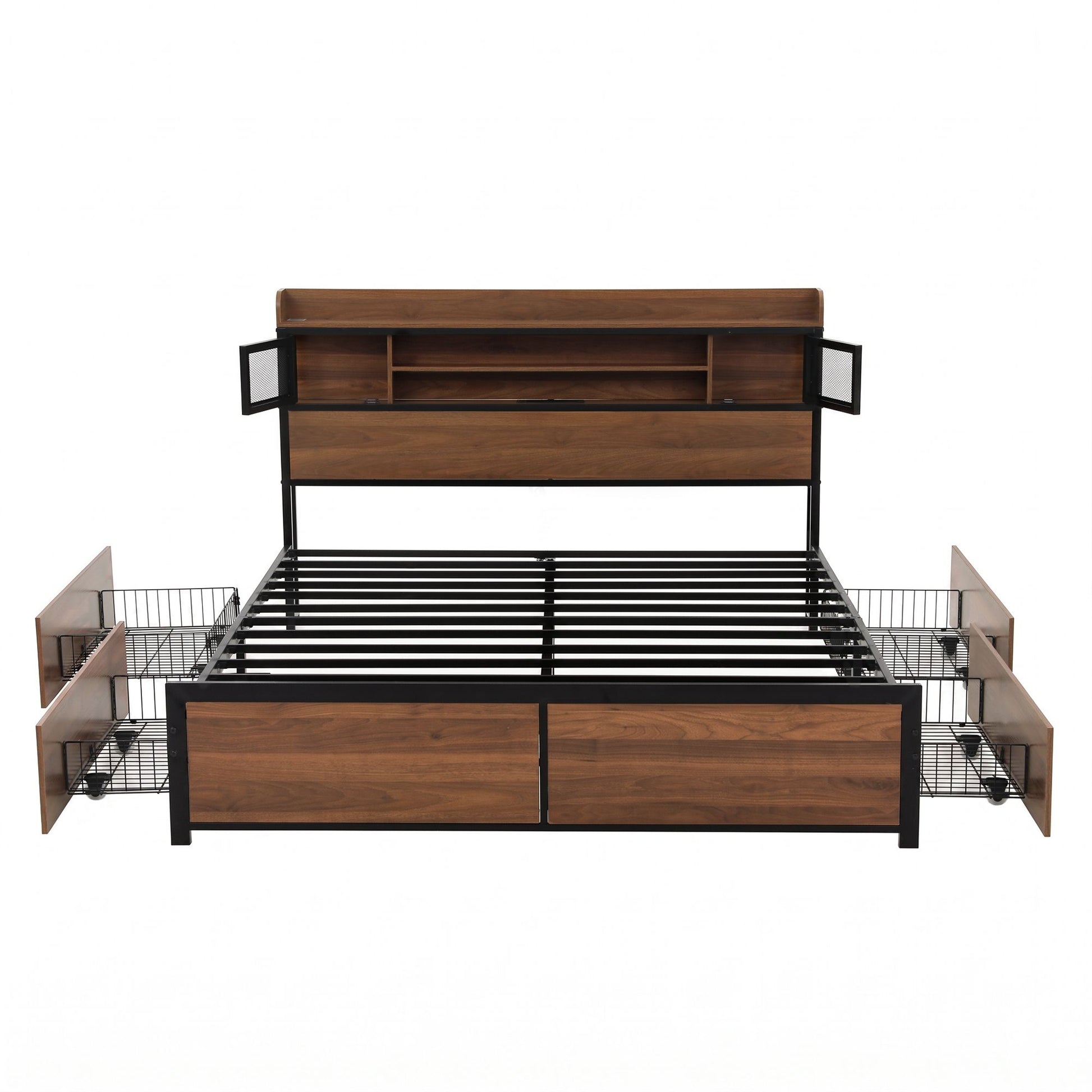 Artiss Queen Bed Frame with Charging Station 4 Drawers Storage Oak