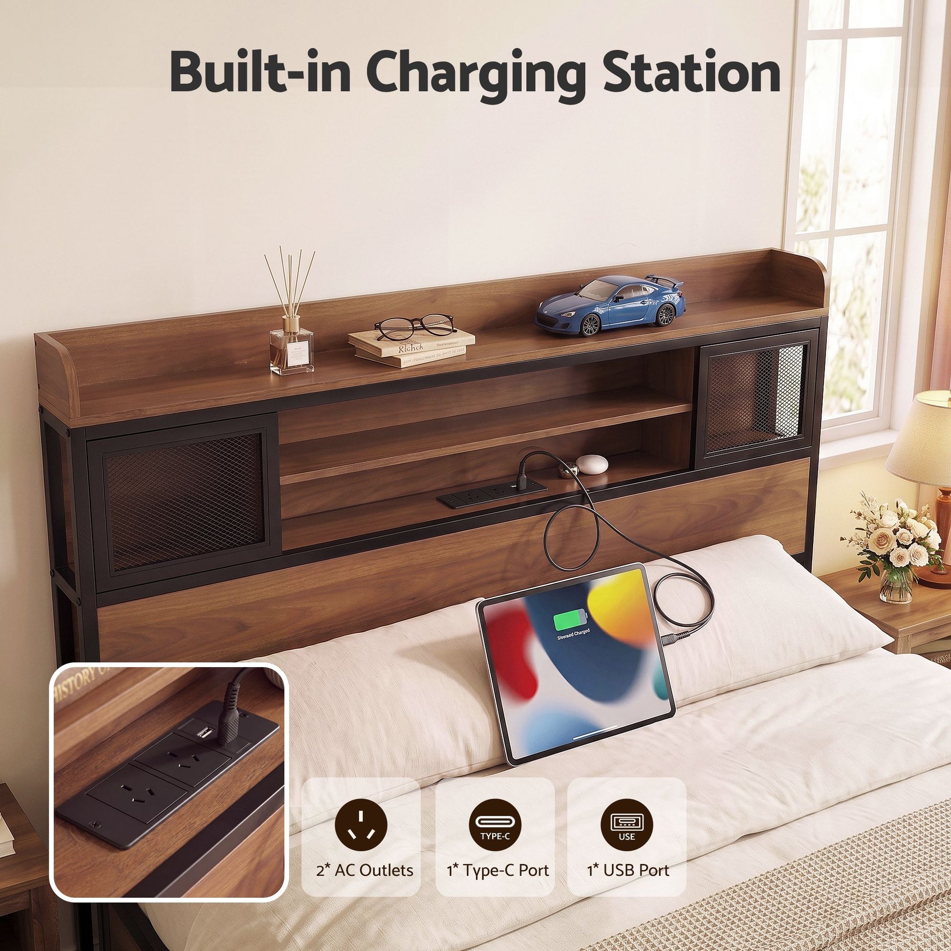 Artiss Queen Bed Frame with Charging Station 4 Drawers Storage Oak