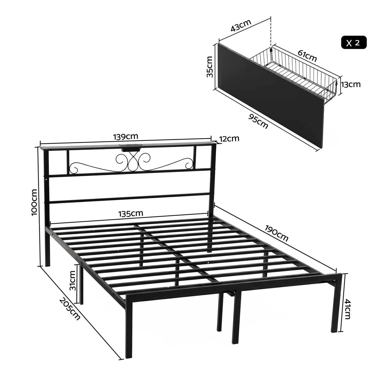 Artiss Double Bed Frame with Charging Station & Storage Drawers Metal