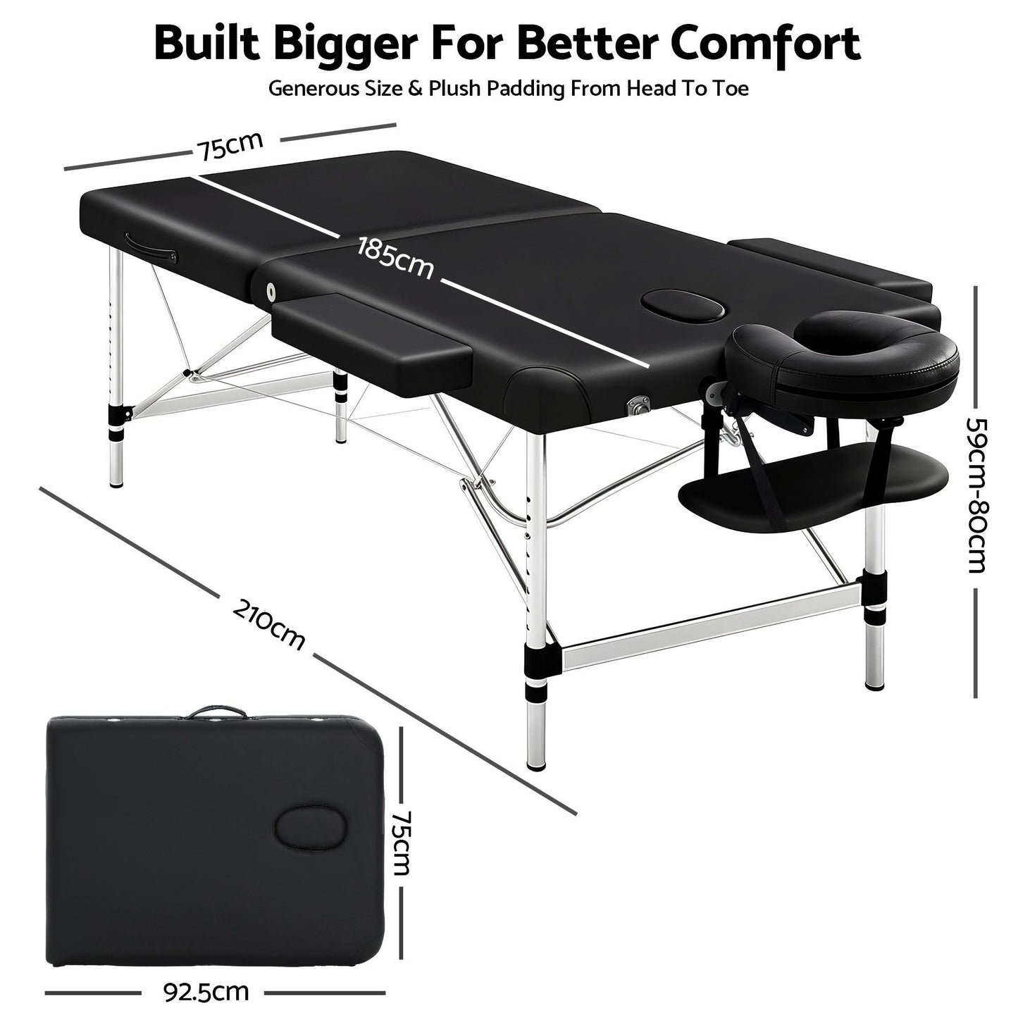 Zenses Massage Table 75cm Portable 2 Fold Aluminium Beauty Bed Black